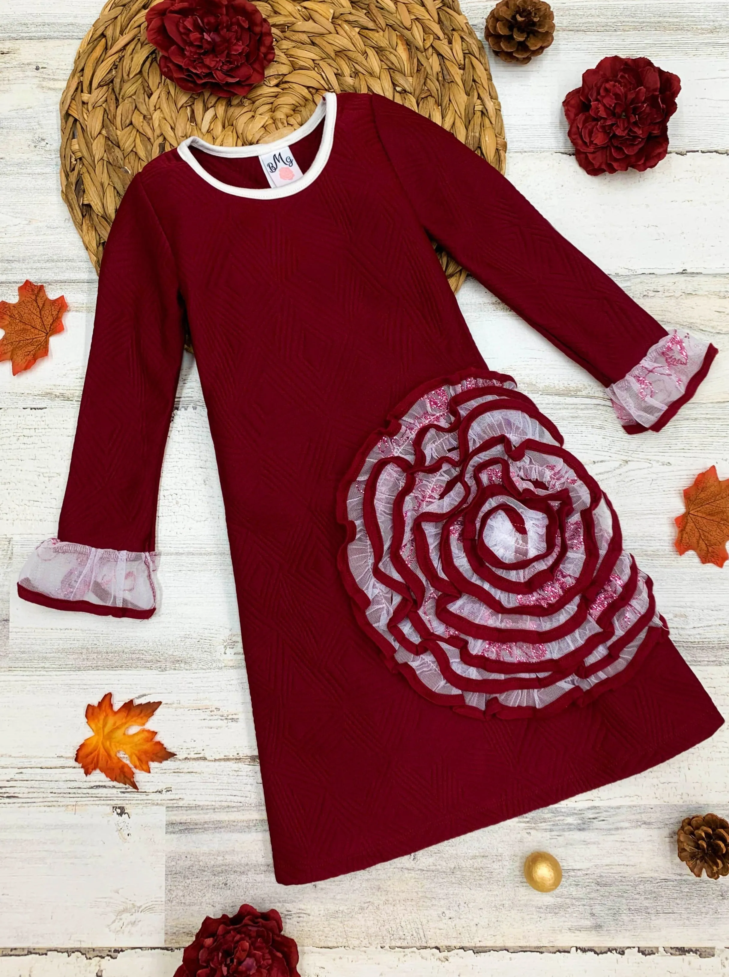 Girls "What In Carnation" Mesh Cuff Long Sleeve Dress