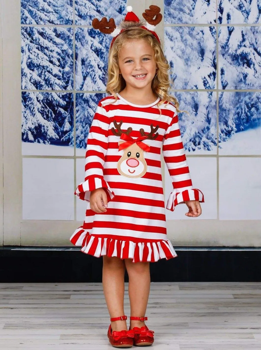 Girls Rudolph Long Sleeve Striped Ruffled Dress
