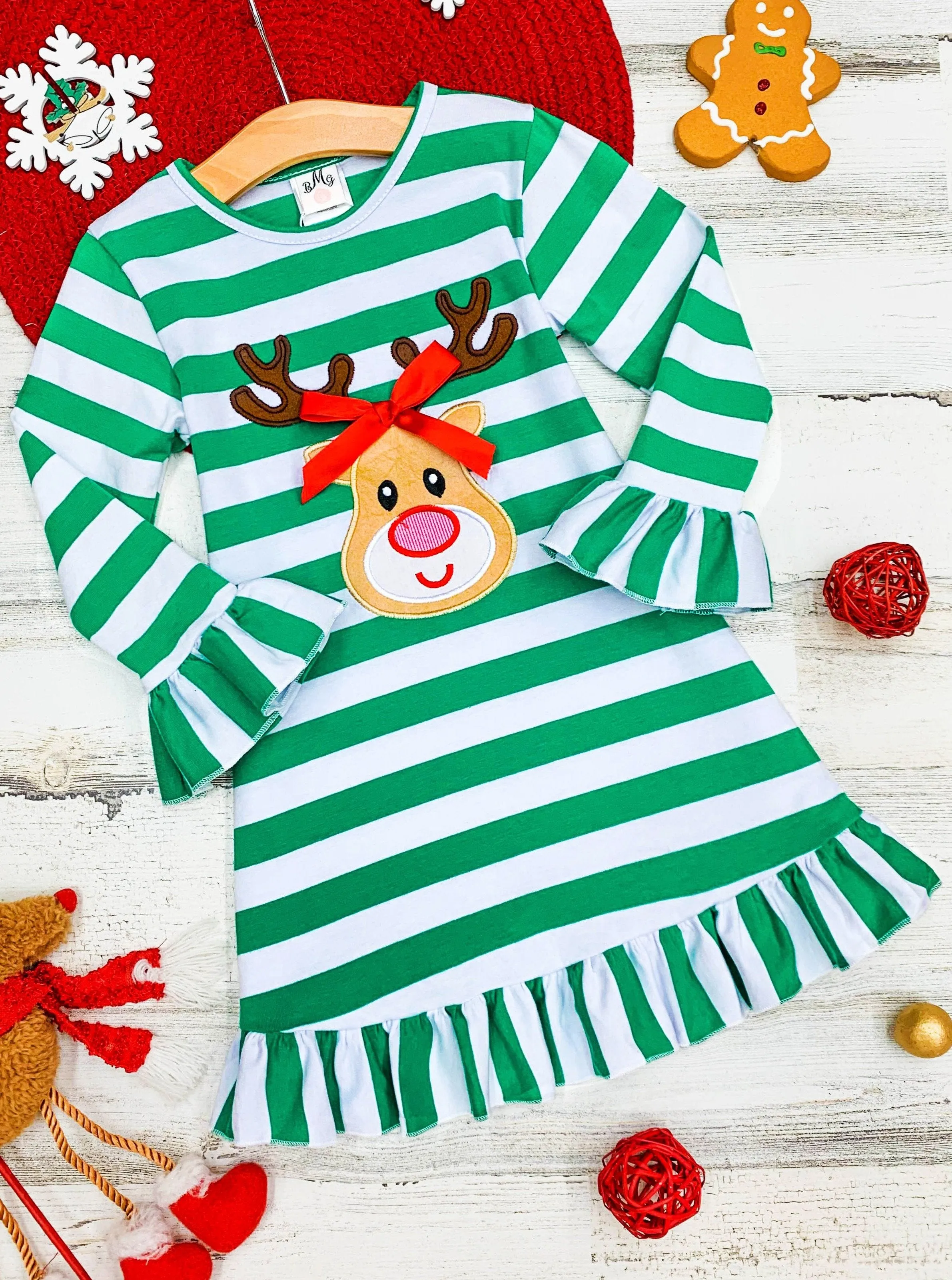 Girls Rudolph Long Sleeve Striped Ruffled Dress