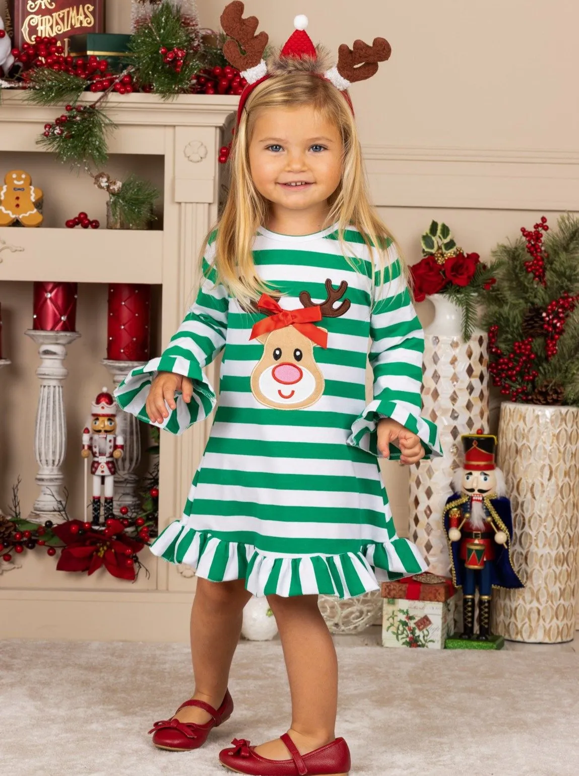 Girls Rudolph Long Sleeve Striped Ruffled Dress