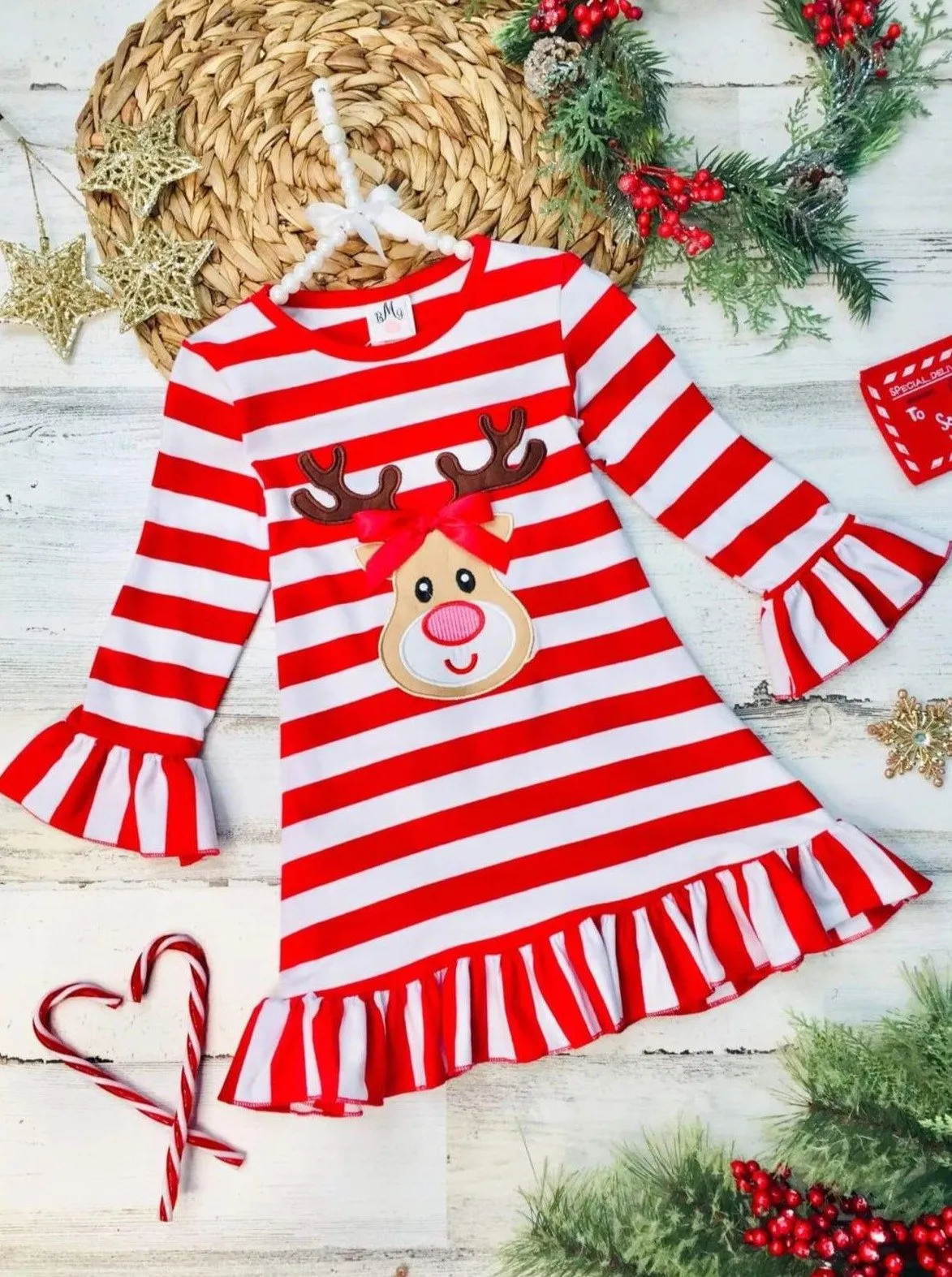 Girls Rudolph Long Sleeve Striped Ruffled Dress