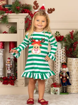 Girls Rudolph Long Sleeve Striped Ruffled Dress