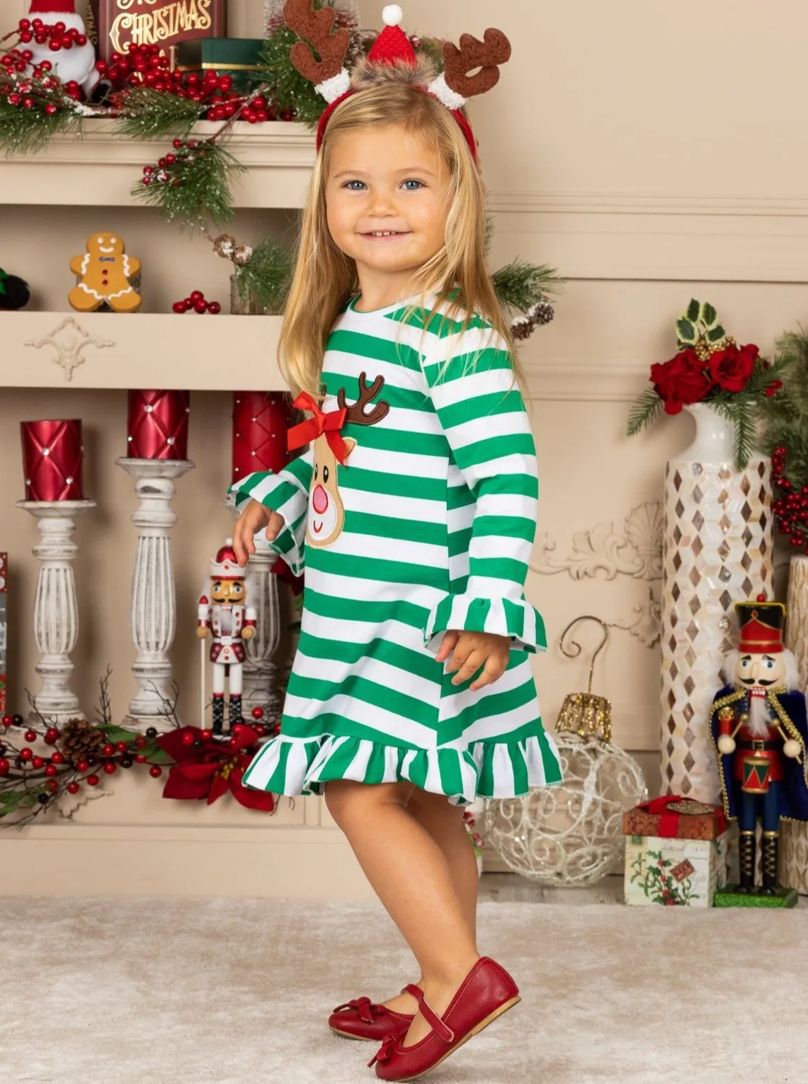 Girls Rudolph Long Sleeve Striped Ruffled Dress