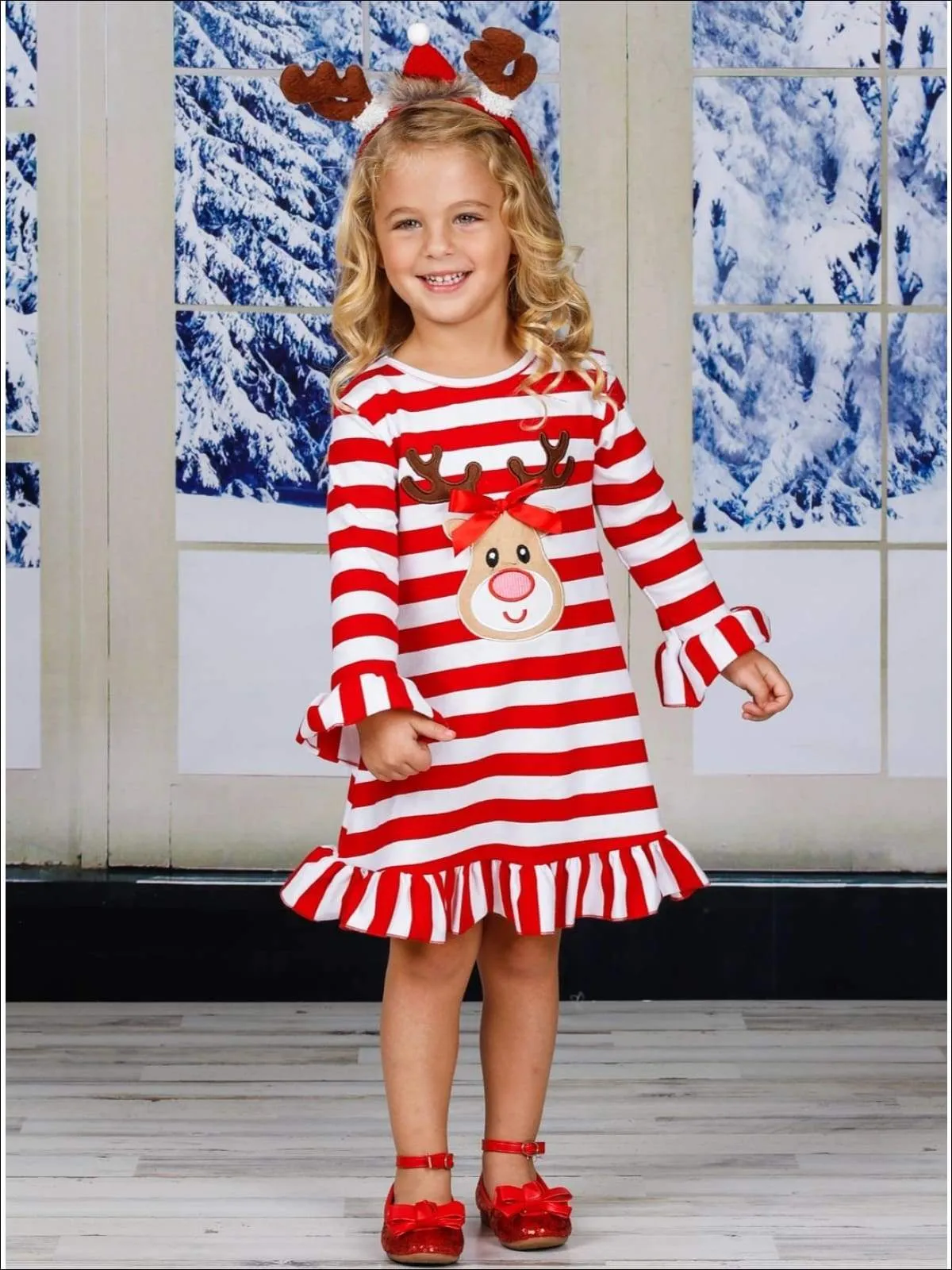 Girls Rudolph Long Sleeve Striped Ruffled Dress