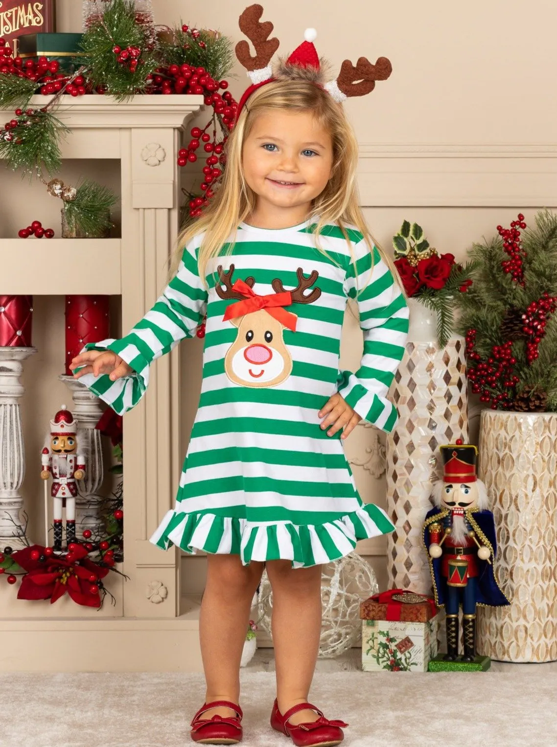 Girls Rudolph Long Sleeve Striped Ruffled Dress