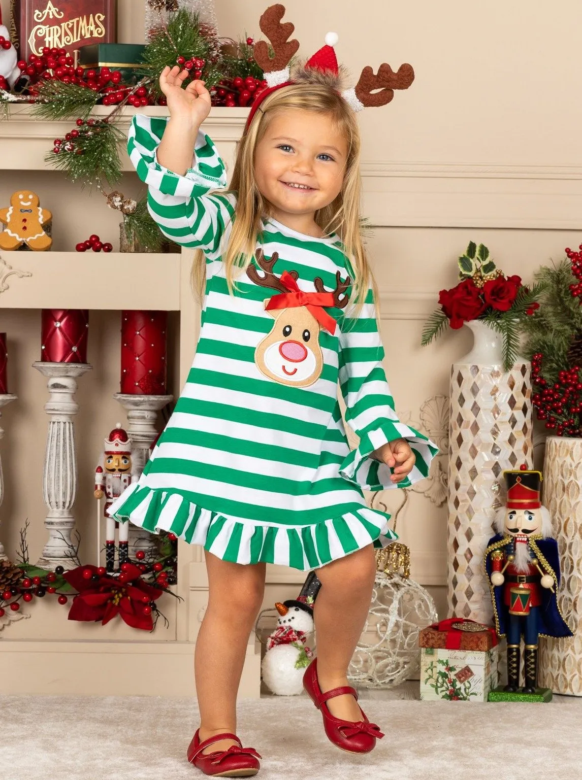 Girls Rudolph Long Sleeve Striped Ruffled Dress