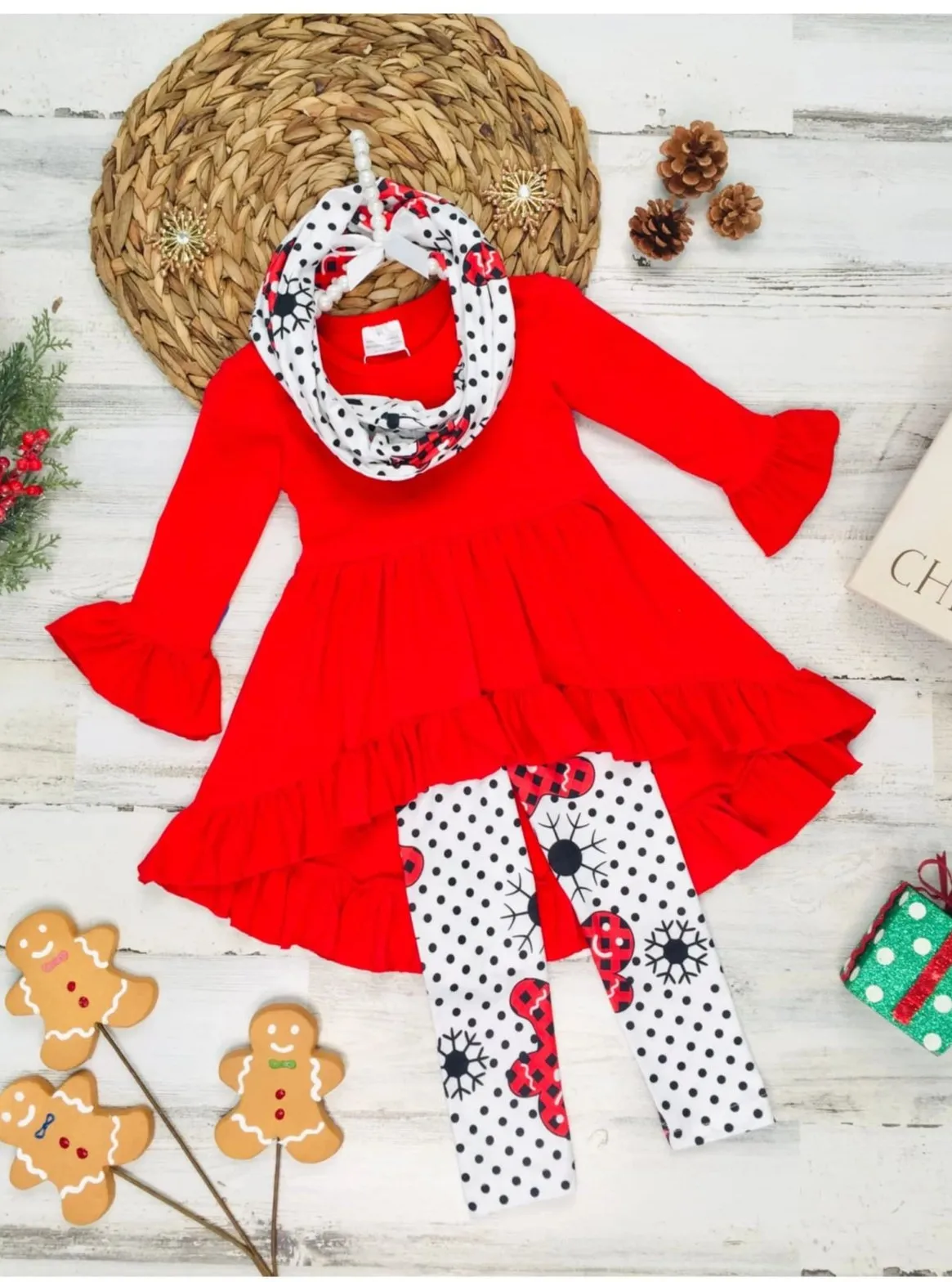 Girls Ruffled Long Sleeve Tunic, Polka Dot Gingerbread Print Leggings & Scarf Set