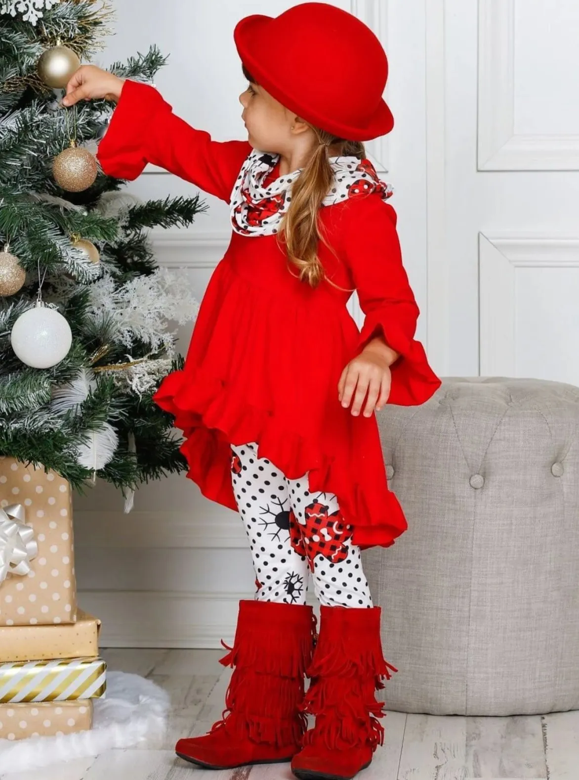 Girls Ruffled Long Sleeve Tunic, Polka Dot Gingerbread Print Leggings & Scarf Set