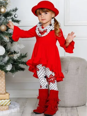 Girls Ruffled Long Sleeve Tunic, Polka Dot Gingerbread Print Leggings & Scarf Set