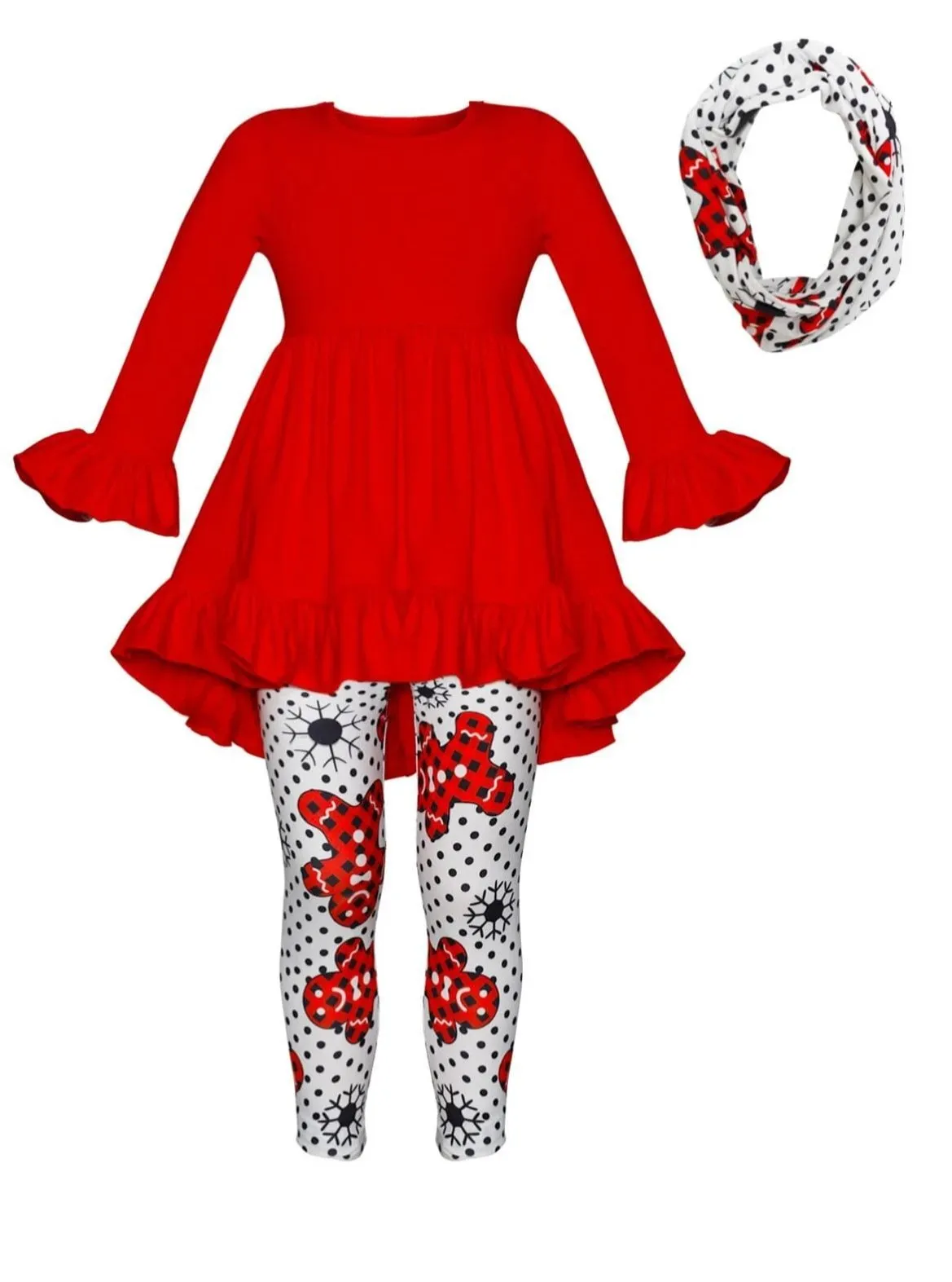 Girls Ruffled Long Sleeve Tunic, Polka Dot Gingerbread Print Leggings & Scarf Set