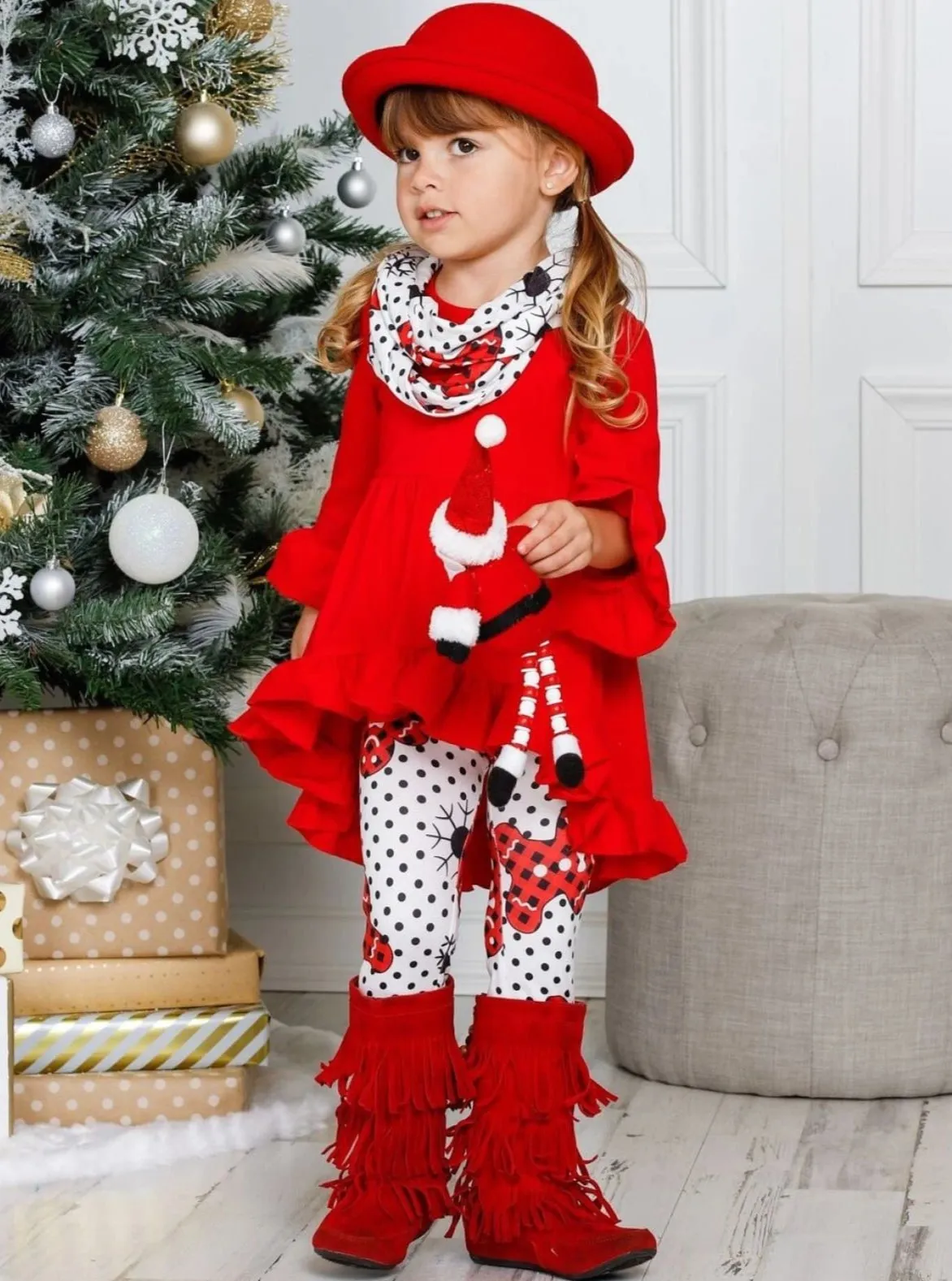 Girls Ruffled Long Sleeve Tunic, Polka Dot Gingerbread Print Leggings & Scarf Set