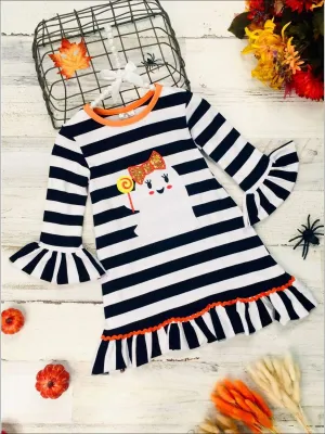 Girls Striped Long Sleeve Ruffled Ghost Applique with Sequin Bow & Lollipop Dress