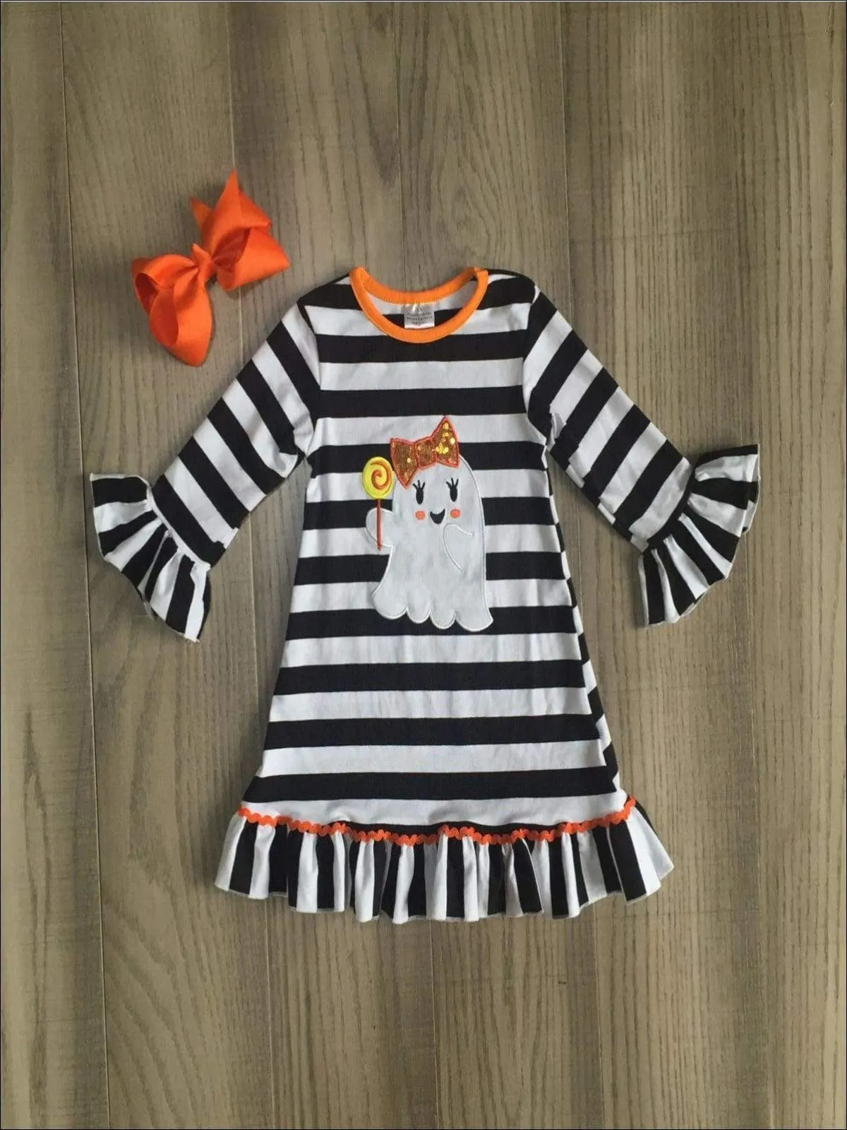 Girls Striped Long Sleeve Ruffled Ghost Applique with Sequin Bow & Lollipop Dress