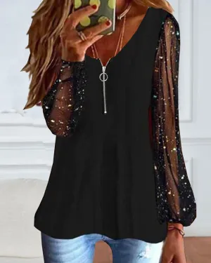 Glitter Contrast Mesh Long Sleeve Top