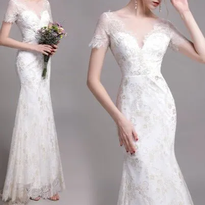 Gold Lace Short Sleeve Package Hip Fishtail Gown