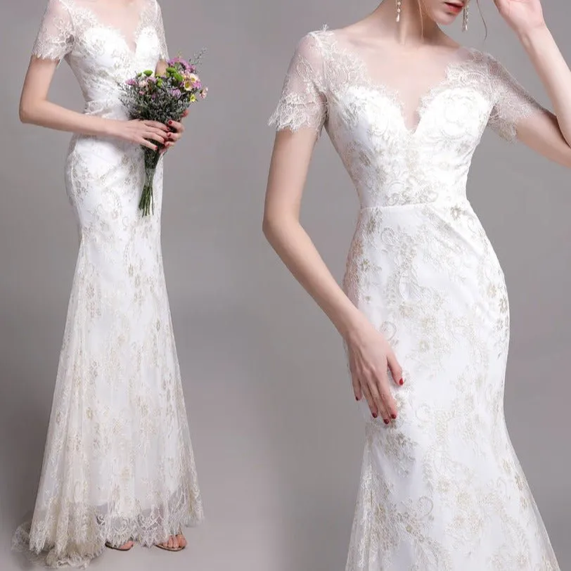 Gold Lace Short Sleeve Package Hip Fishtail Gown