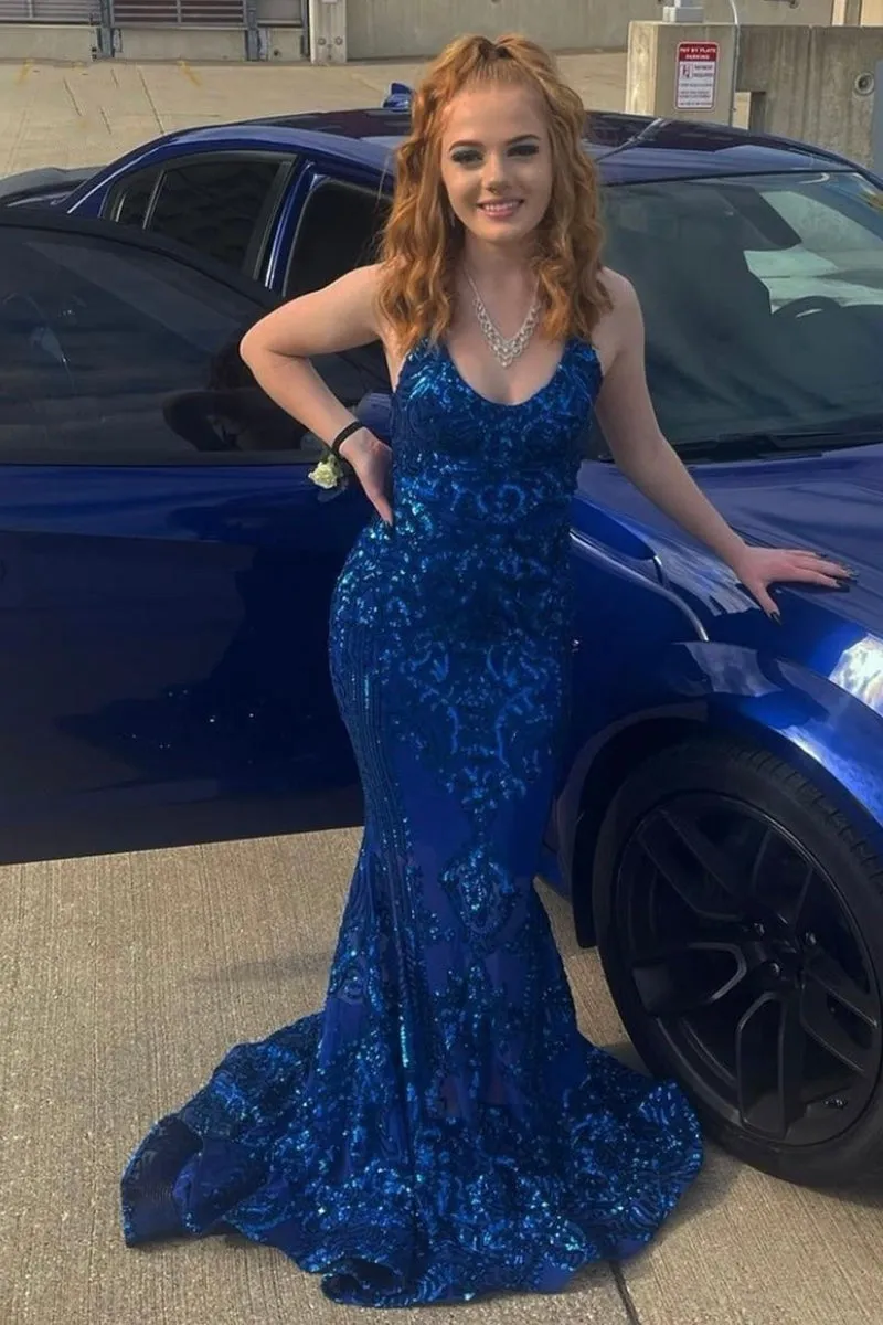 Gorgeous Halter V-Neck Sleeveless Mermaid Prom Dresses Sequins Long