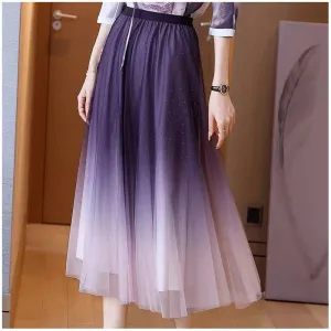 Gradient Color Pleated Tulle Midi Skirt