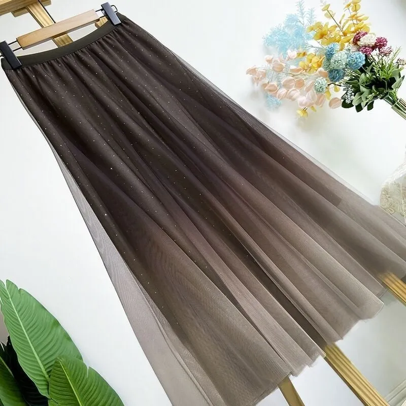 Gradient Color Pleated Tulle Midi Skirt