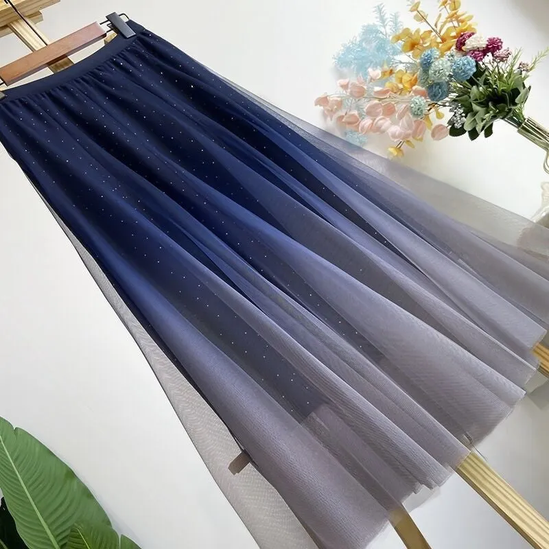 Gradient Color Pleated Tulle Midi Skirt