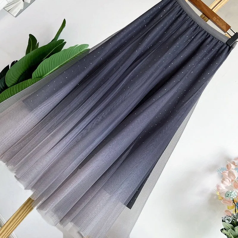 Gradient Color Pleated Tulle Midi Skirt
