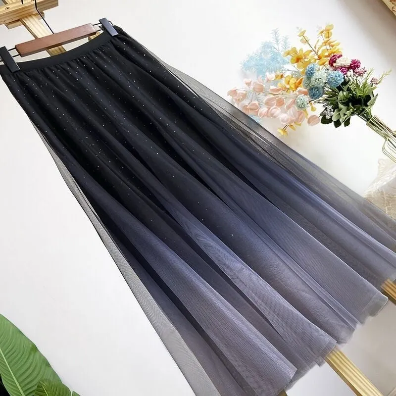 Gradient Color Pleated Tulle Midi Skirt