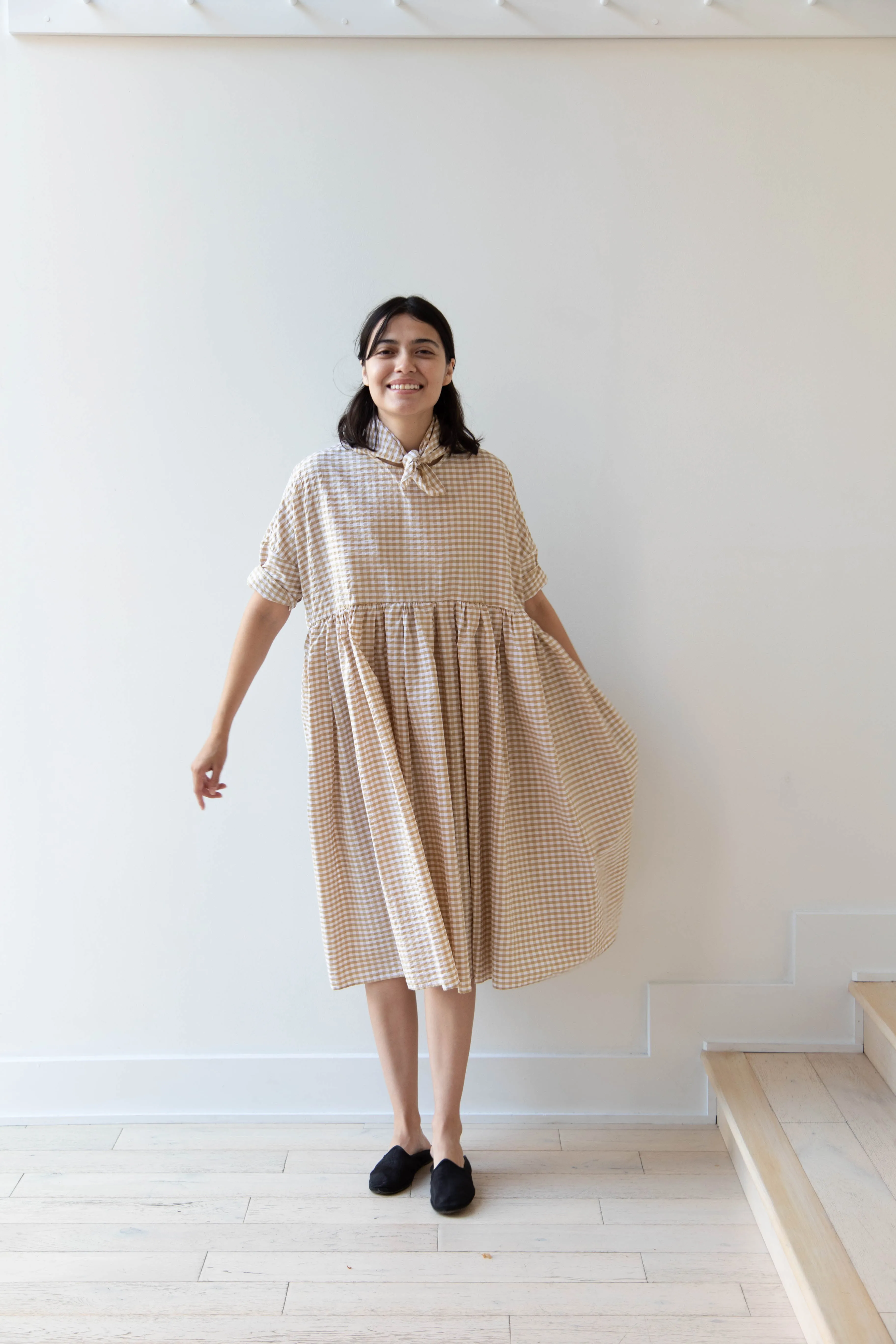 Gram | Ripple Gingham Gather Dress in Ochre