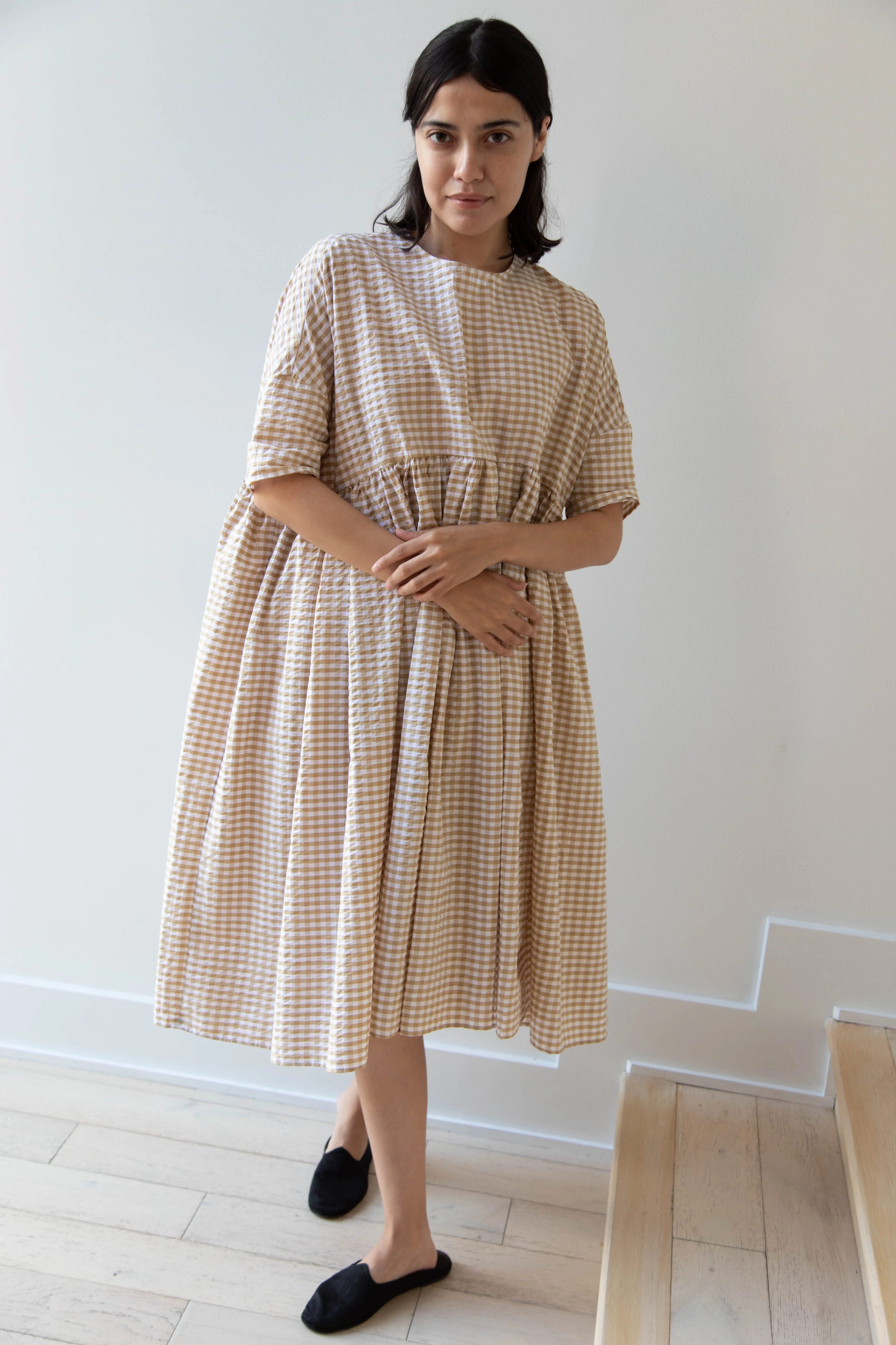 Gram | Ripple Gingham Gather Dress in Ochre