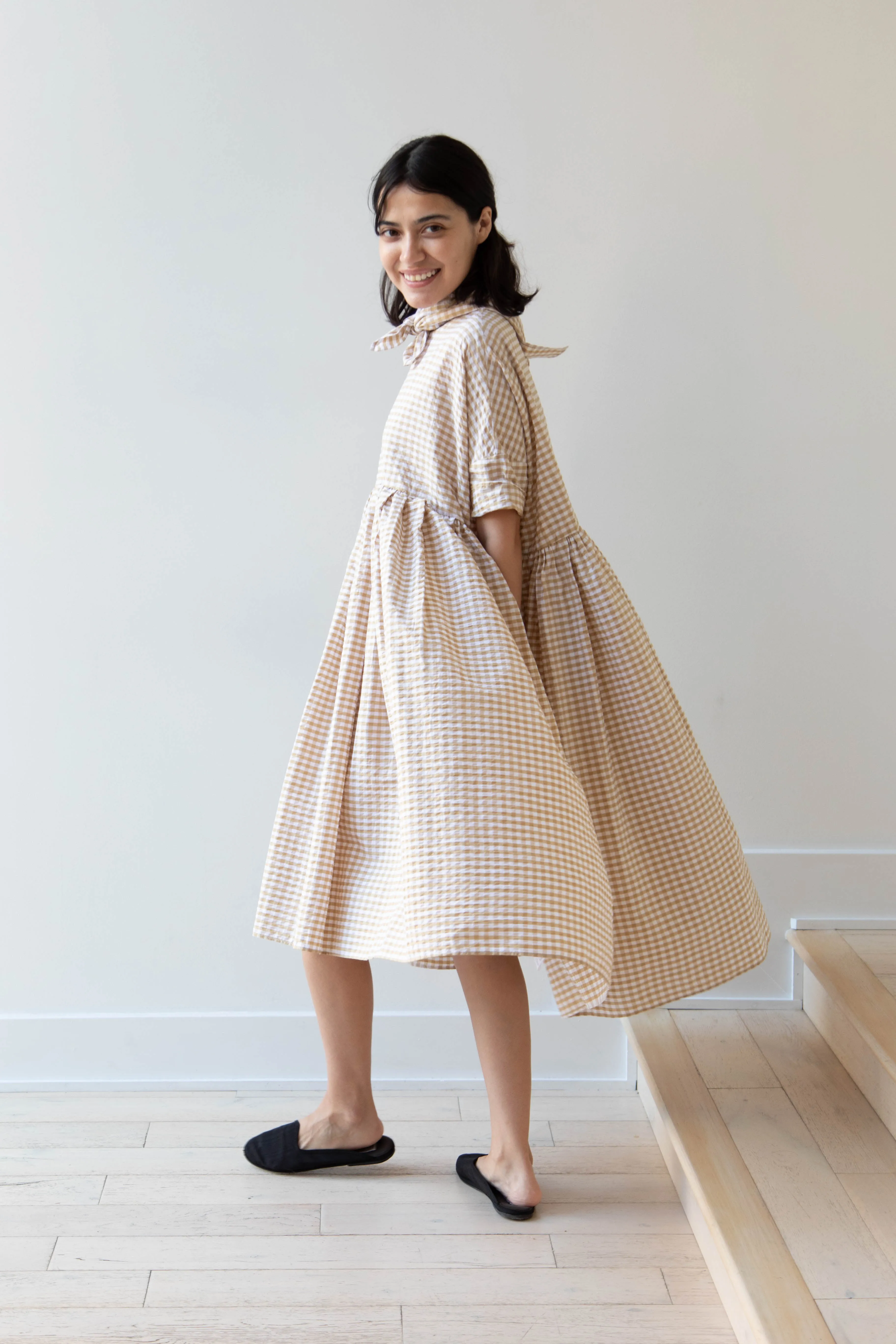 Gram | Ripple Gingham Gather Dress in Ochre