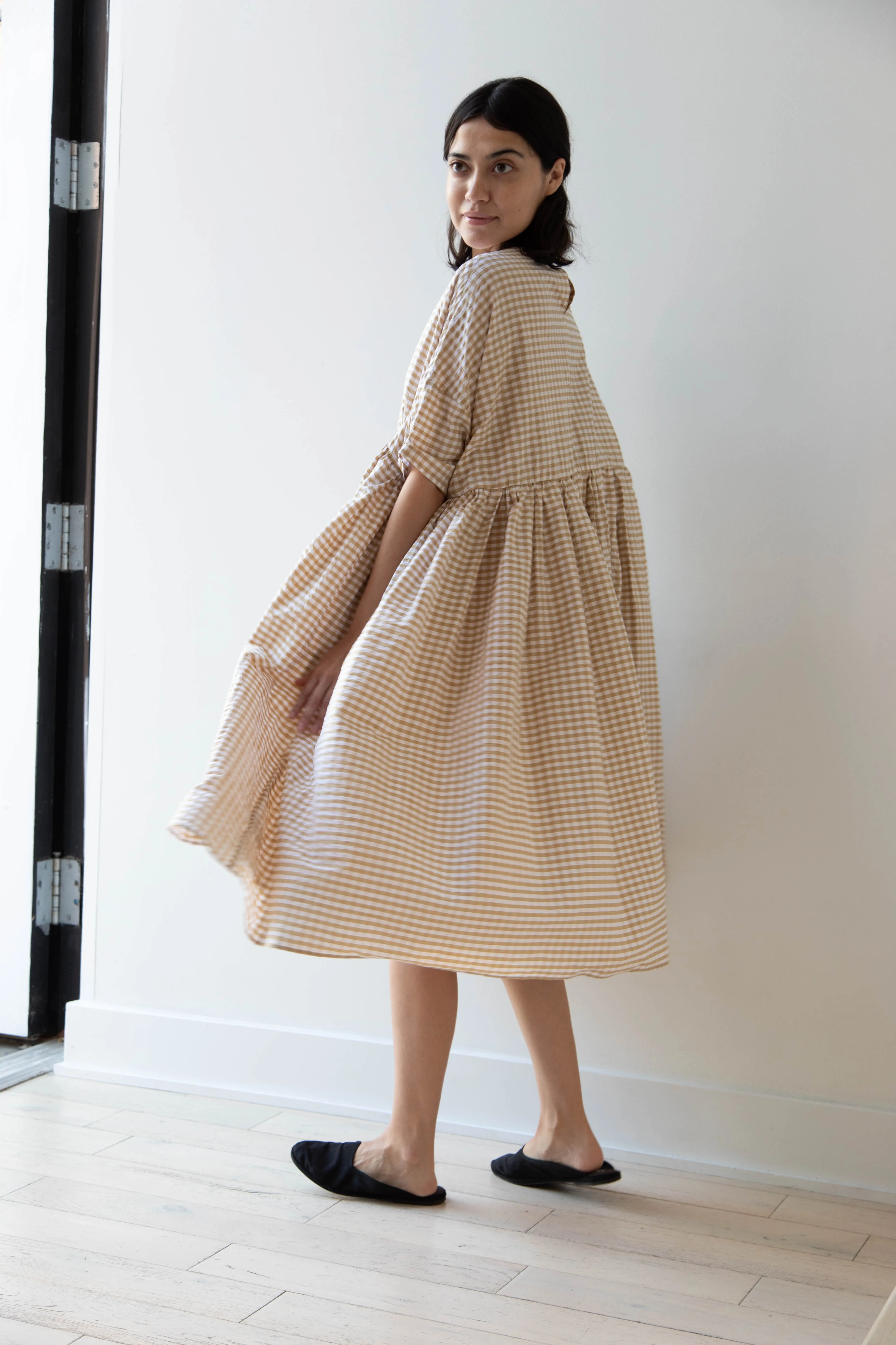 Gram | Ripple Gingham Gather Dress in Ochre