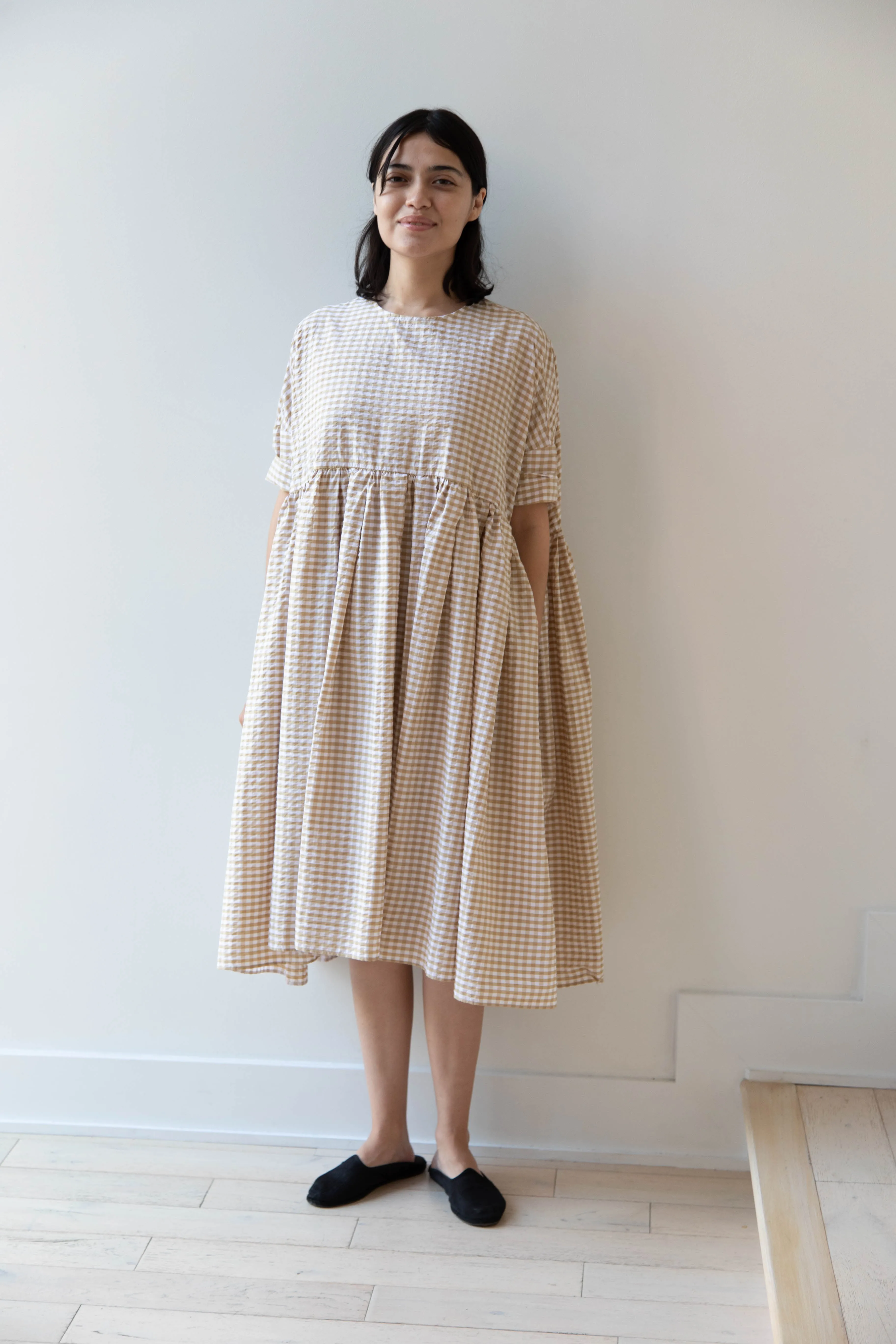 Gram | Ripple Gingham Gather Dress in Ochre