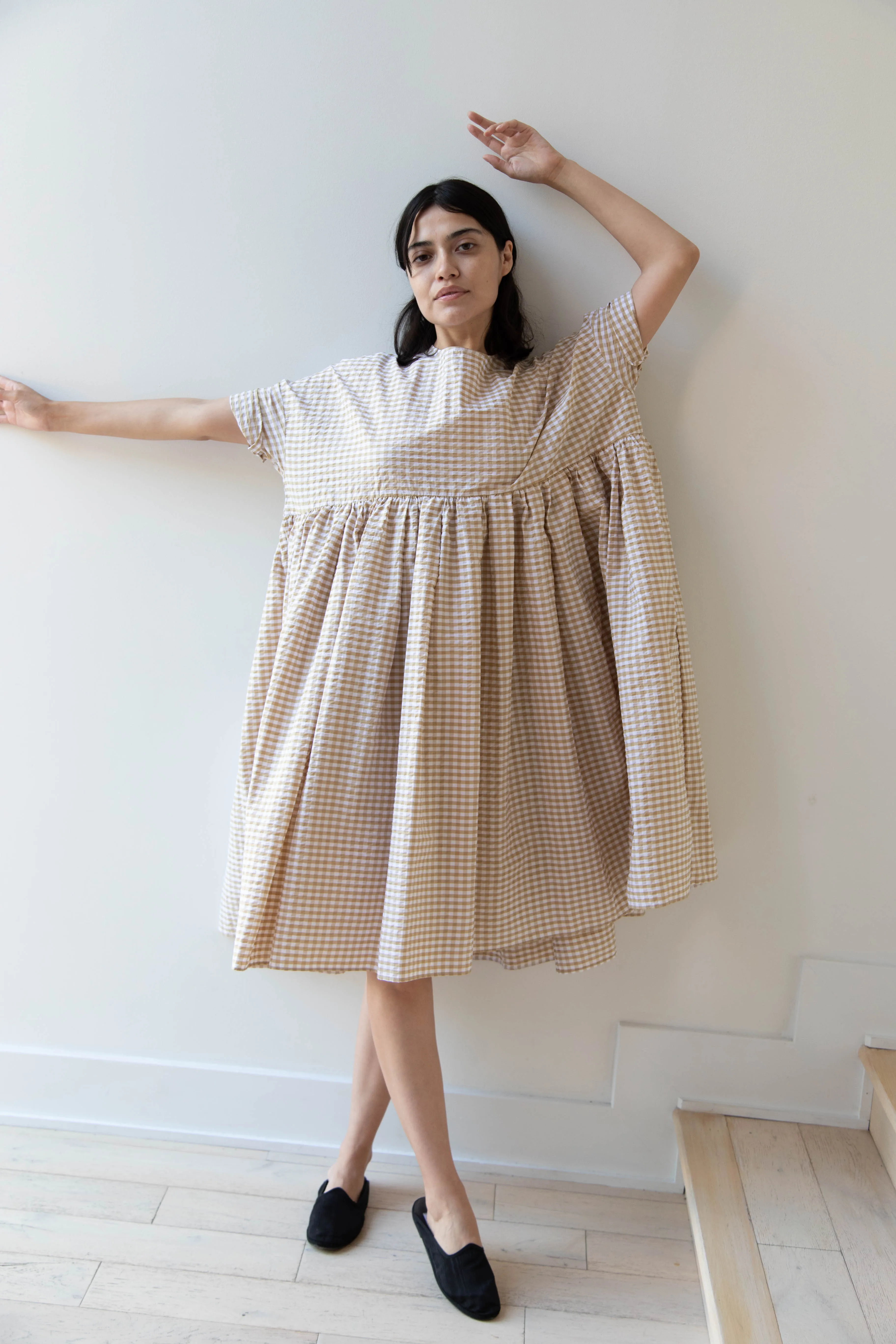 Gram | Ripple Gingham Gather Dress in Ochre
