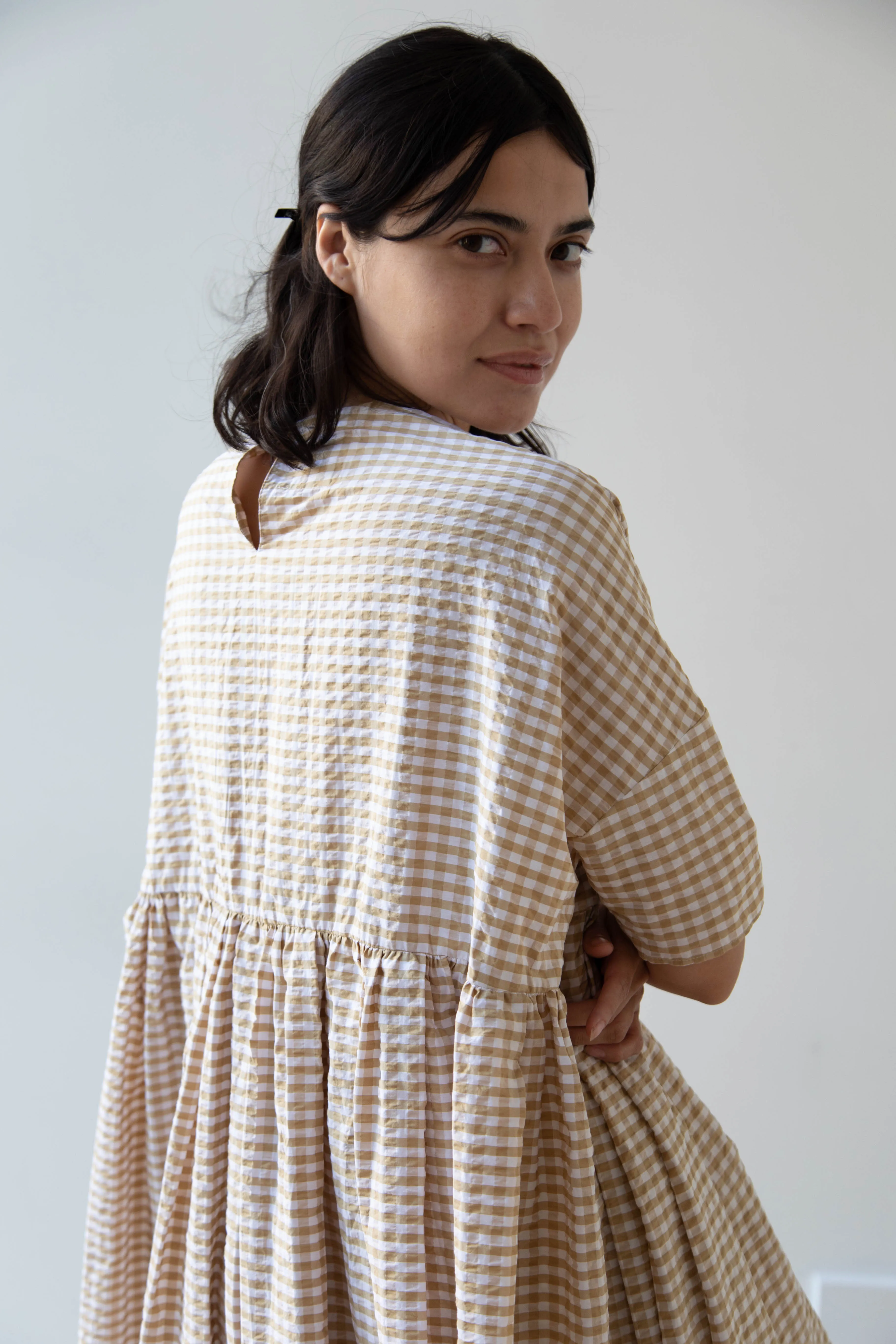Gram | Ripple Gingham Gather Dress in Ochre