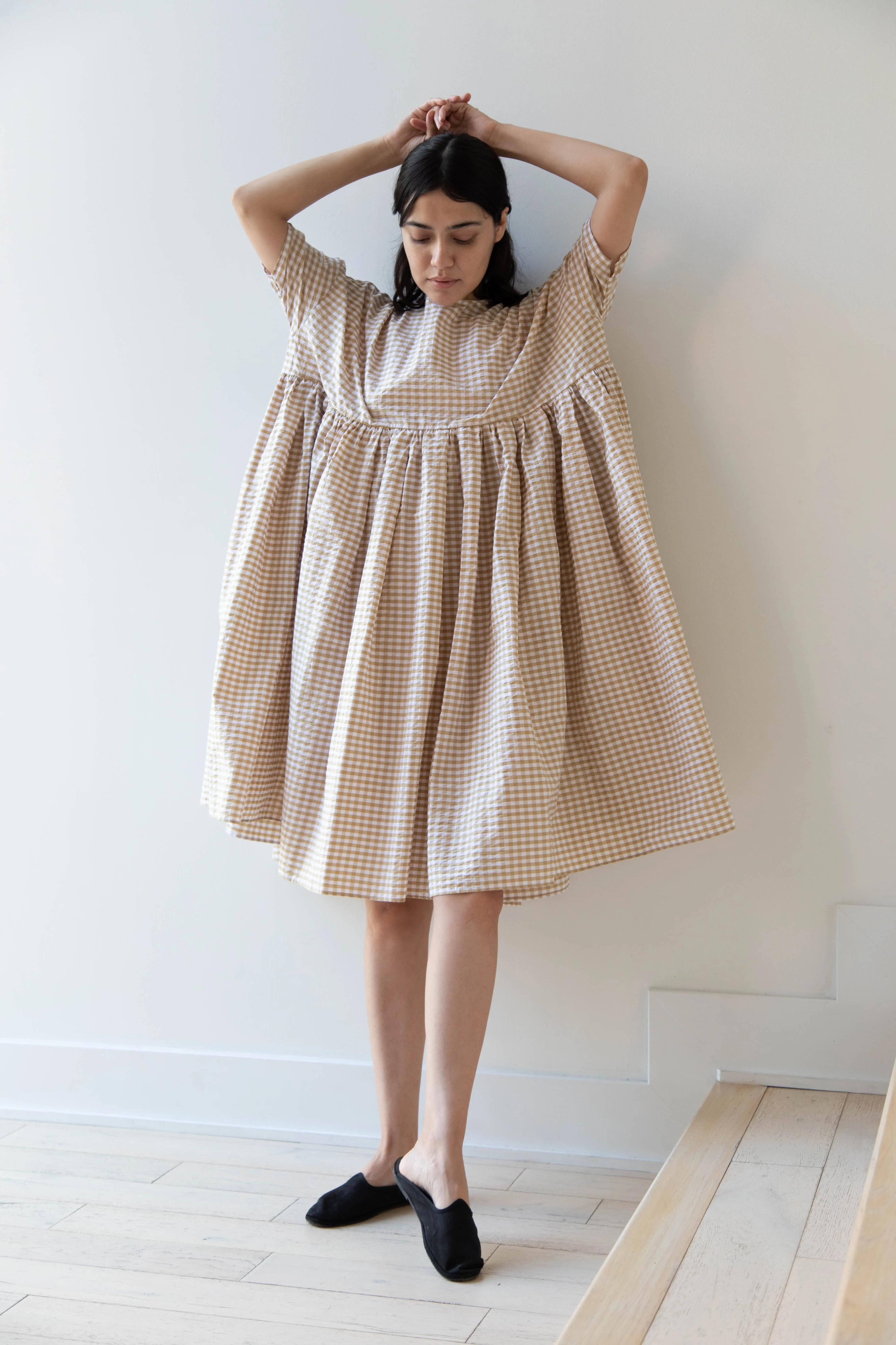 Gram | Ripple Gingham Gather Dress in Ochre