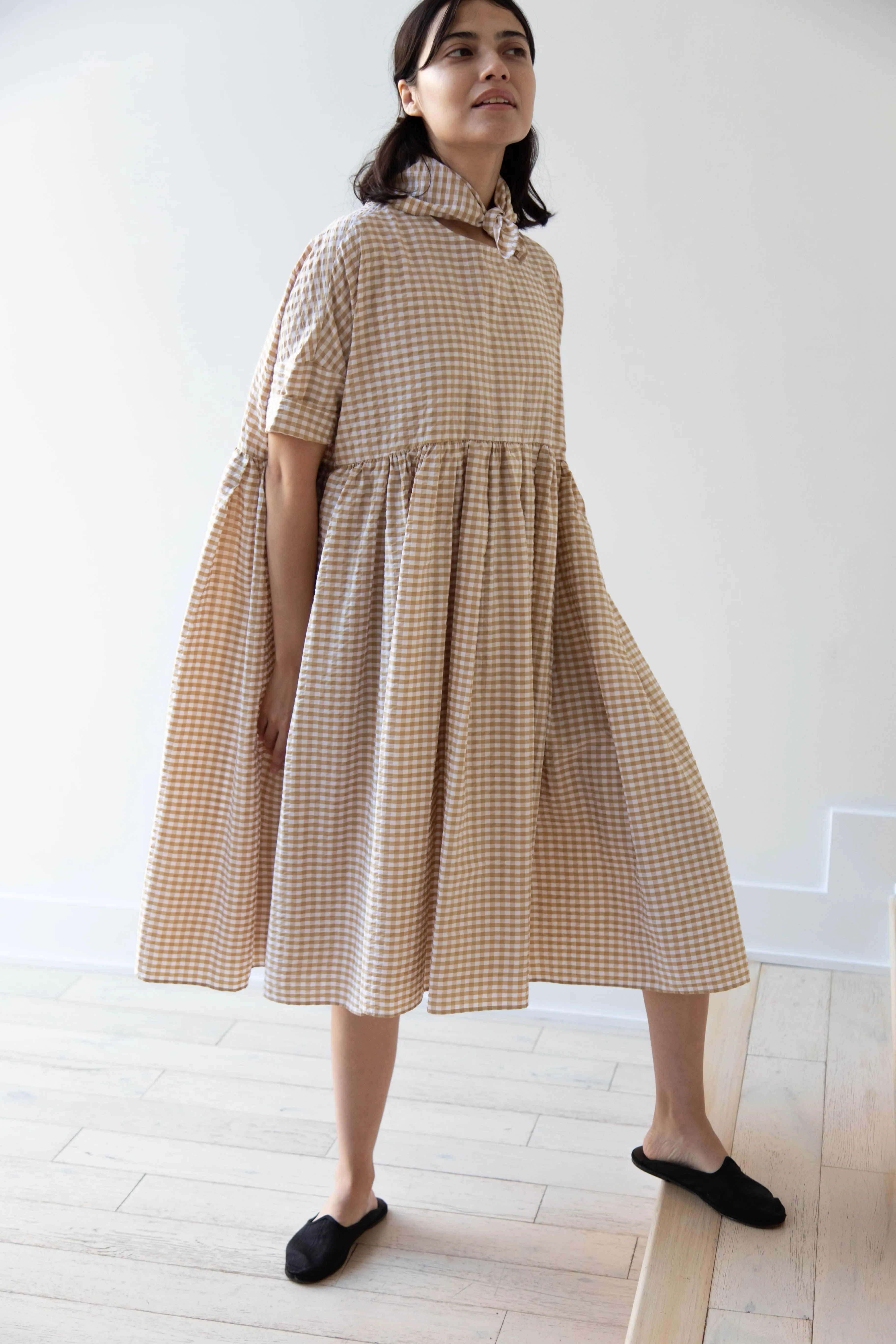 Gram | Ripple Gingham Gather Dress in Ochre