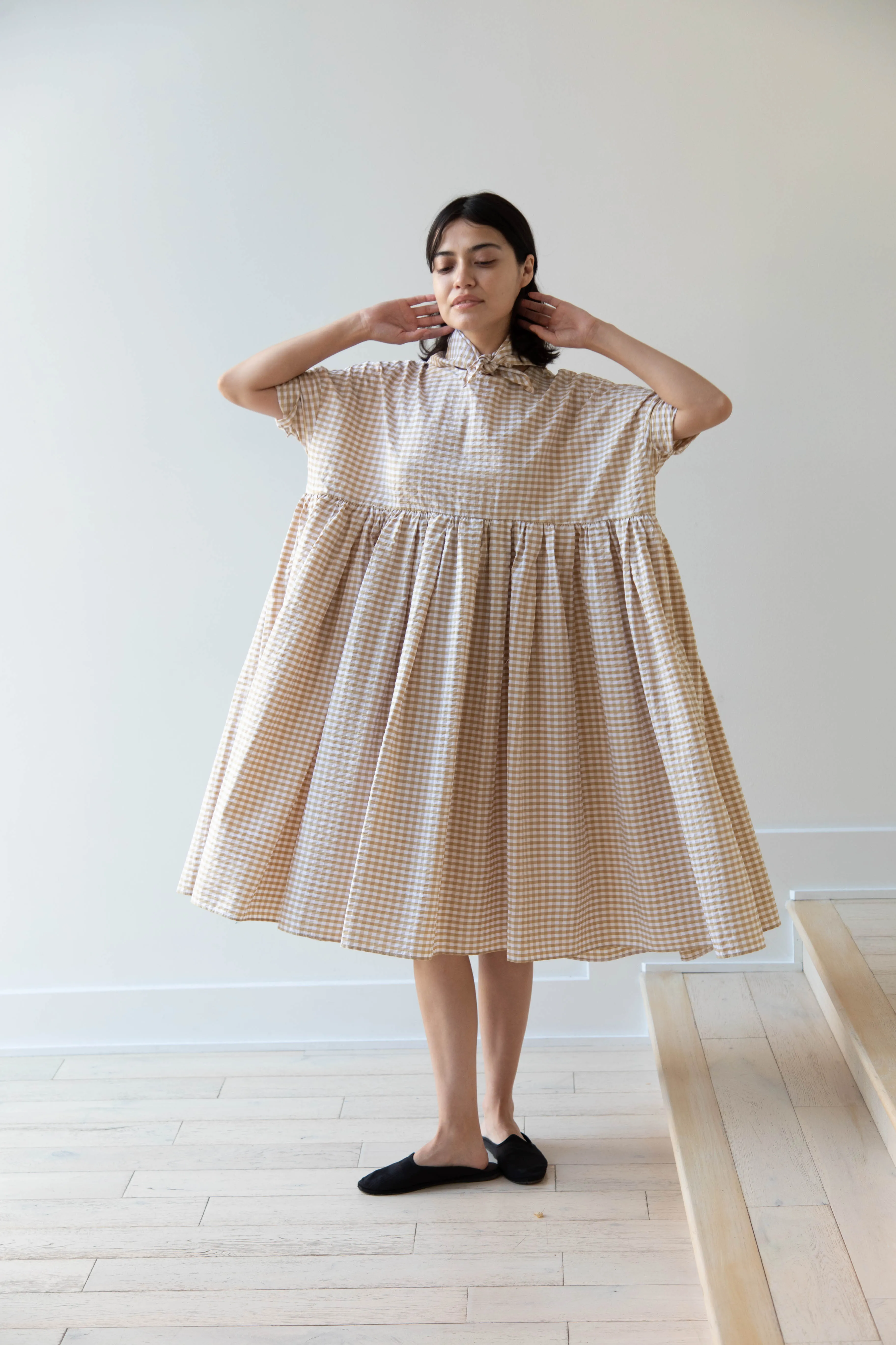 Gram | Ripple Gingham Gather Dress in Ochre