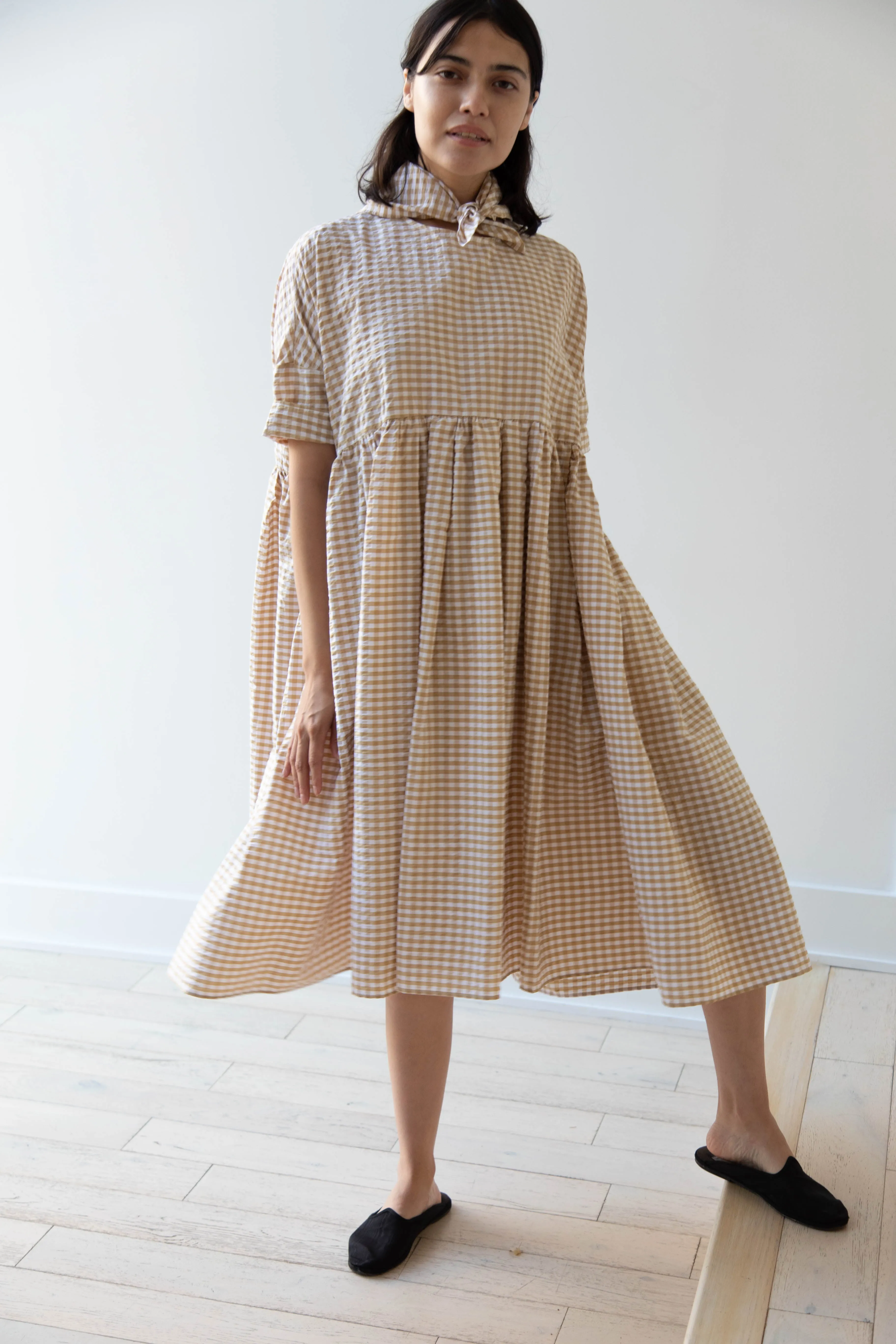 Gram | Ripple Gingham Gather Dress in Ochre