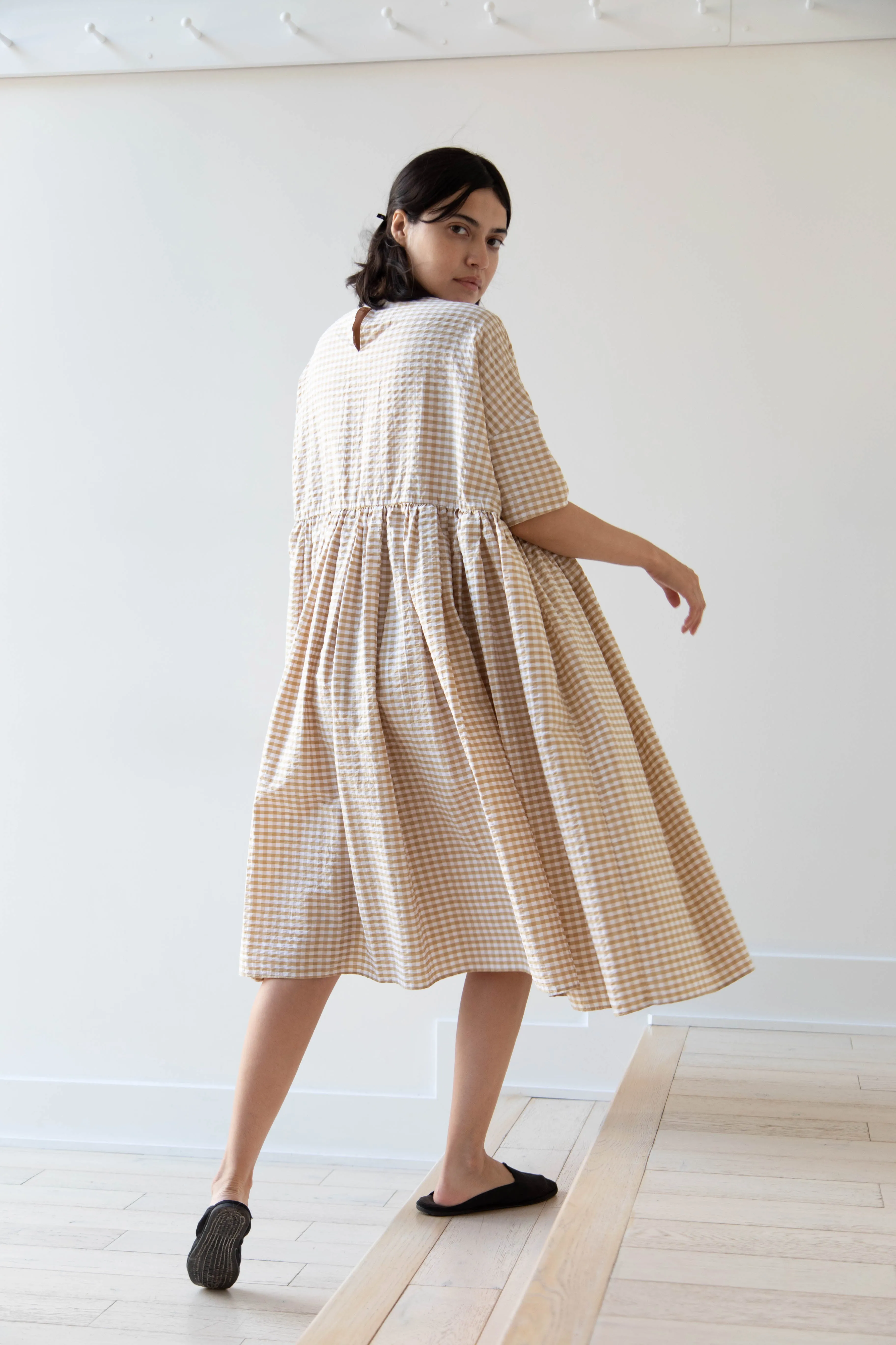 Gram | Ripple Gingham Gather Dress in Ochre
