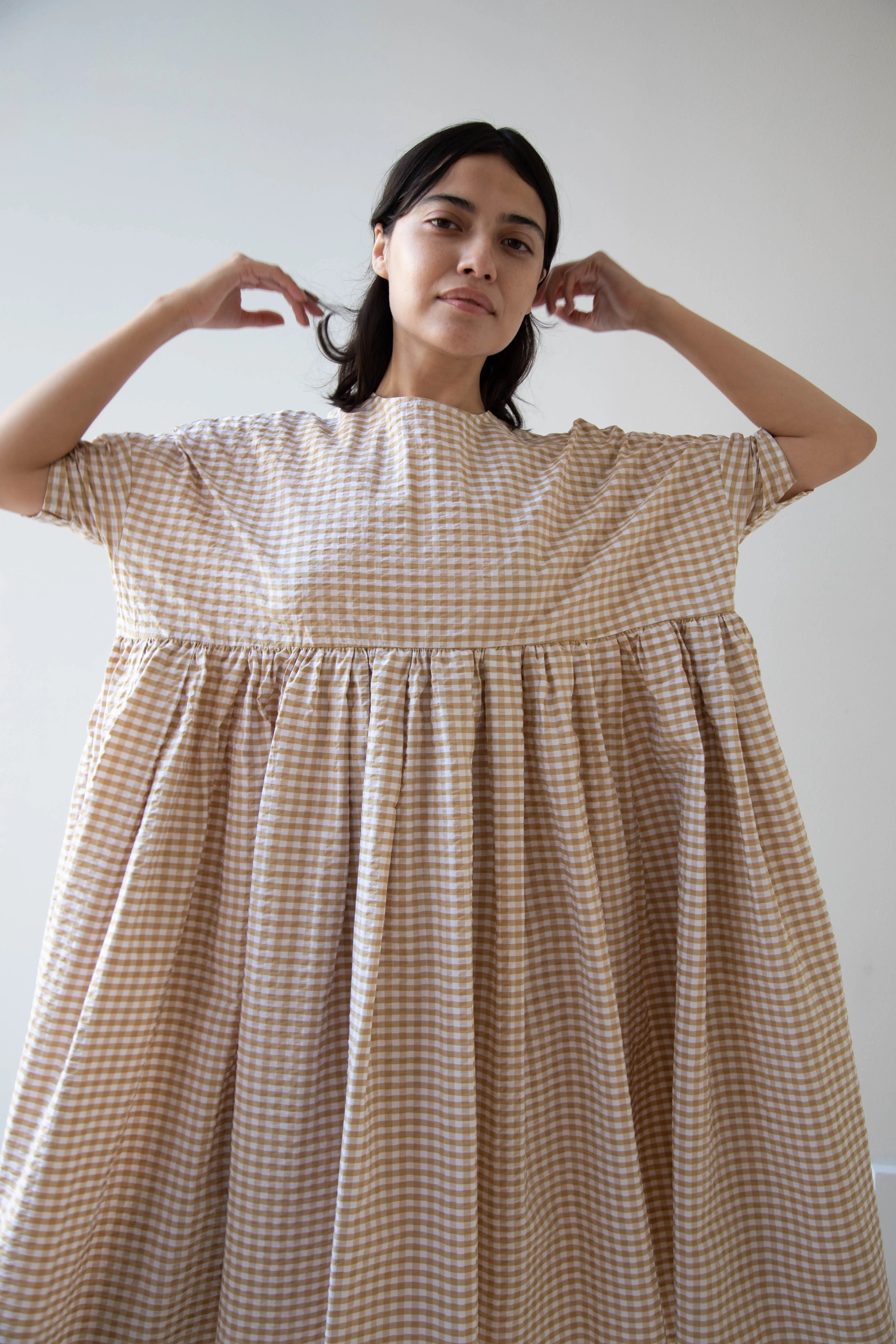 Gram | Ripple Gingham Gather Dress in Ochre