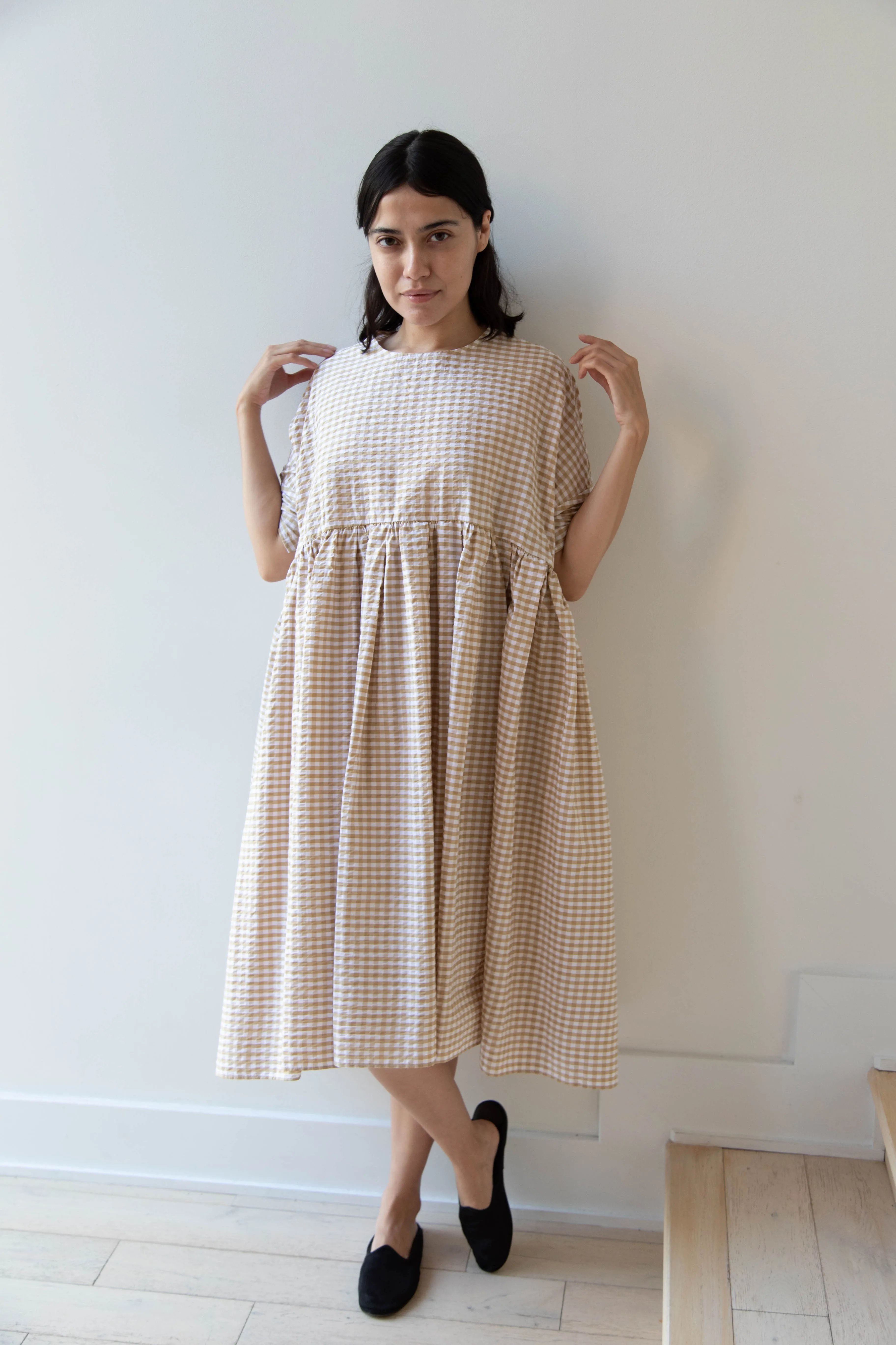 Gram | Ripple Gingham Gather Dress in Ochre