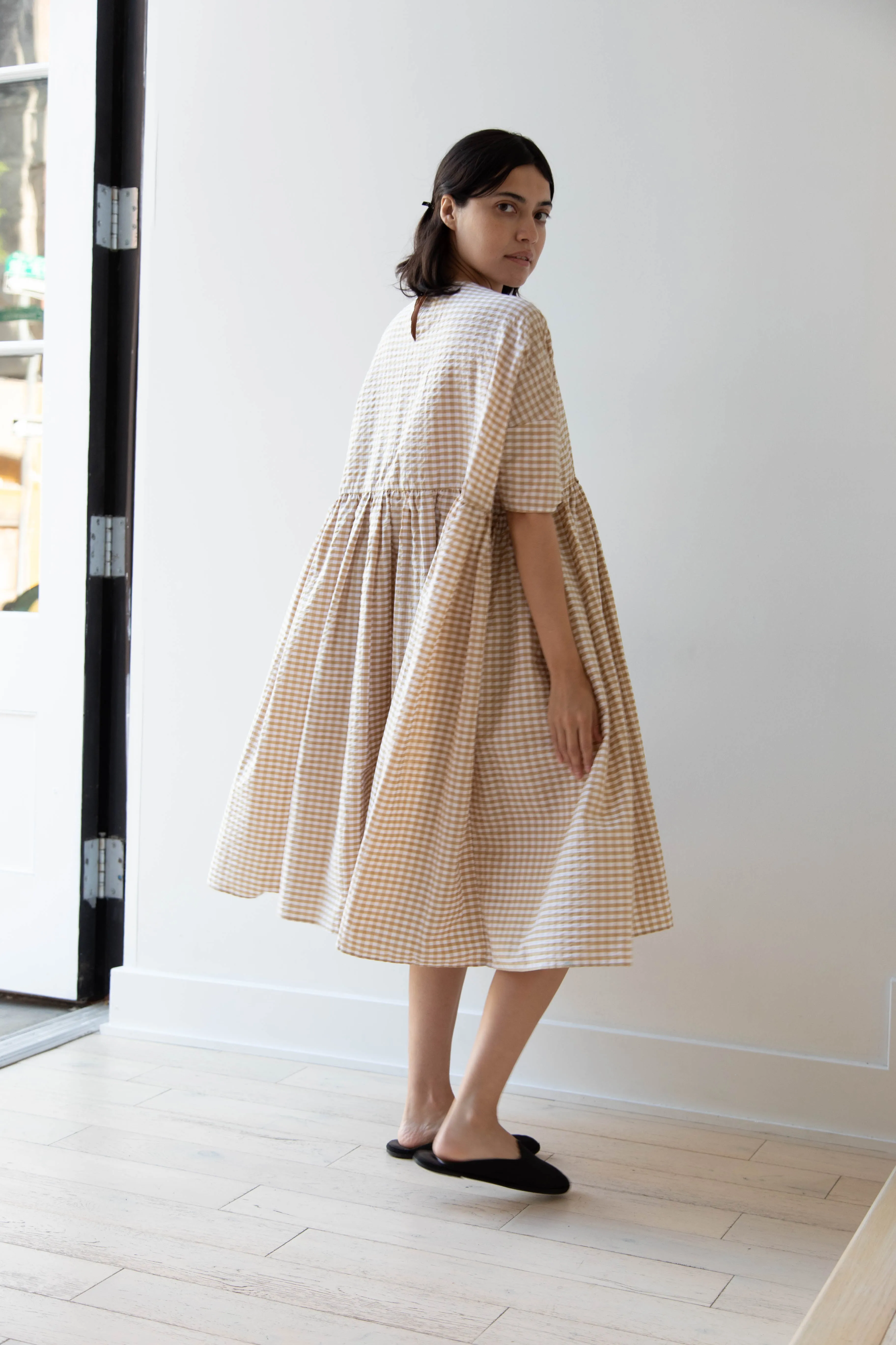 Gram | Ripple Gingham Gather Dress in Ochre