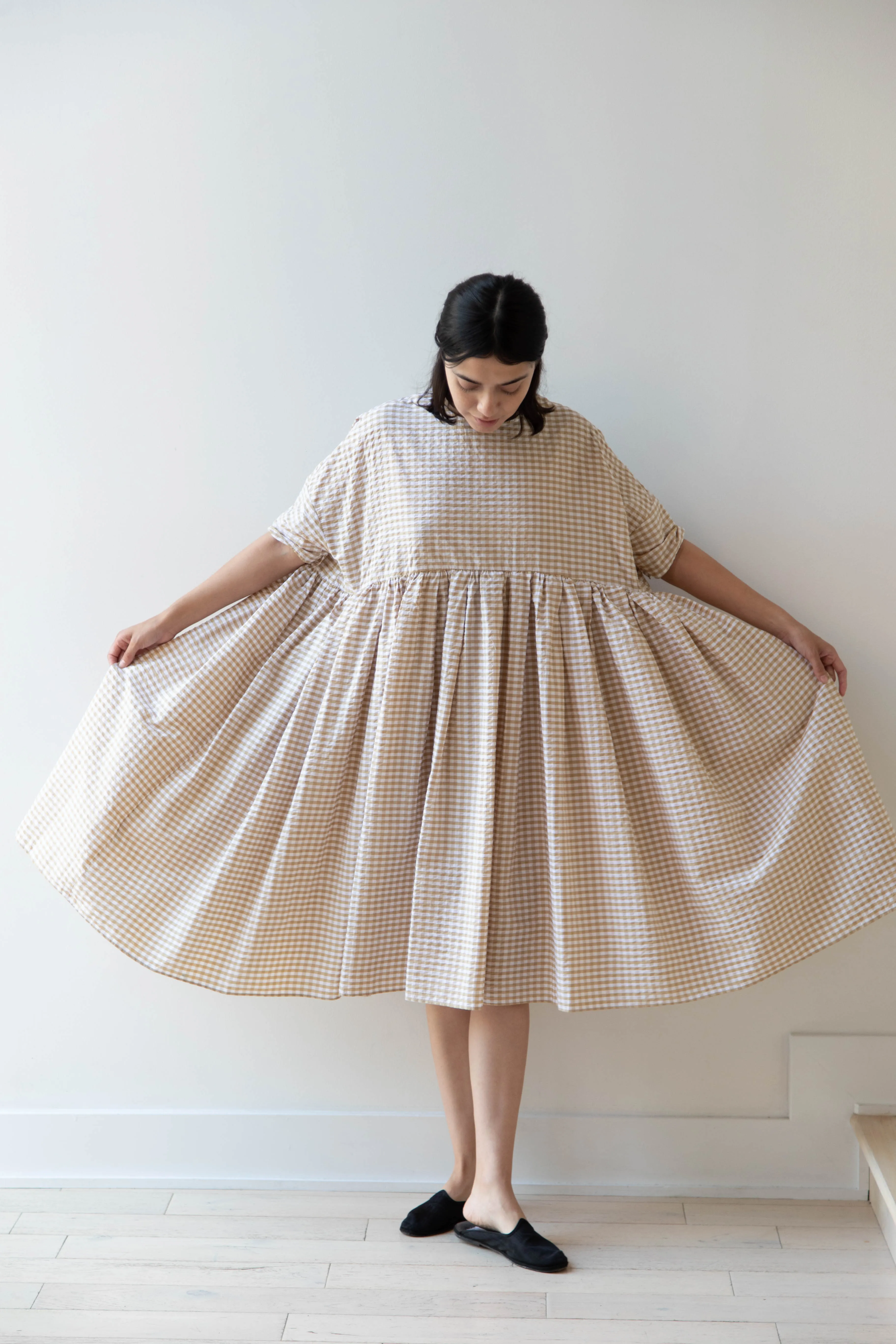 Gram | Ripple Gingham Gather Dress in Ochre