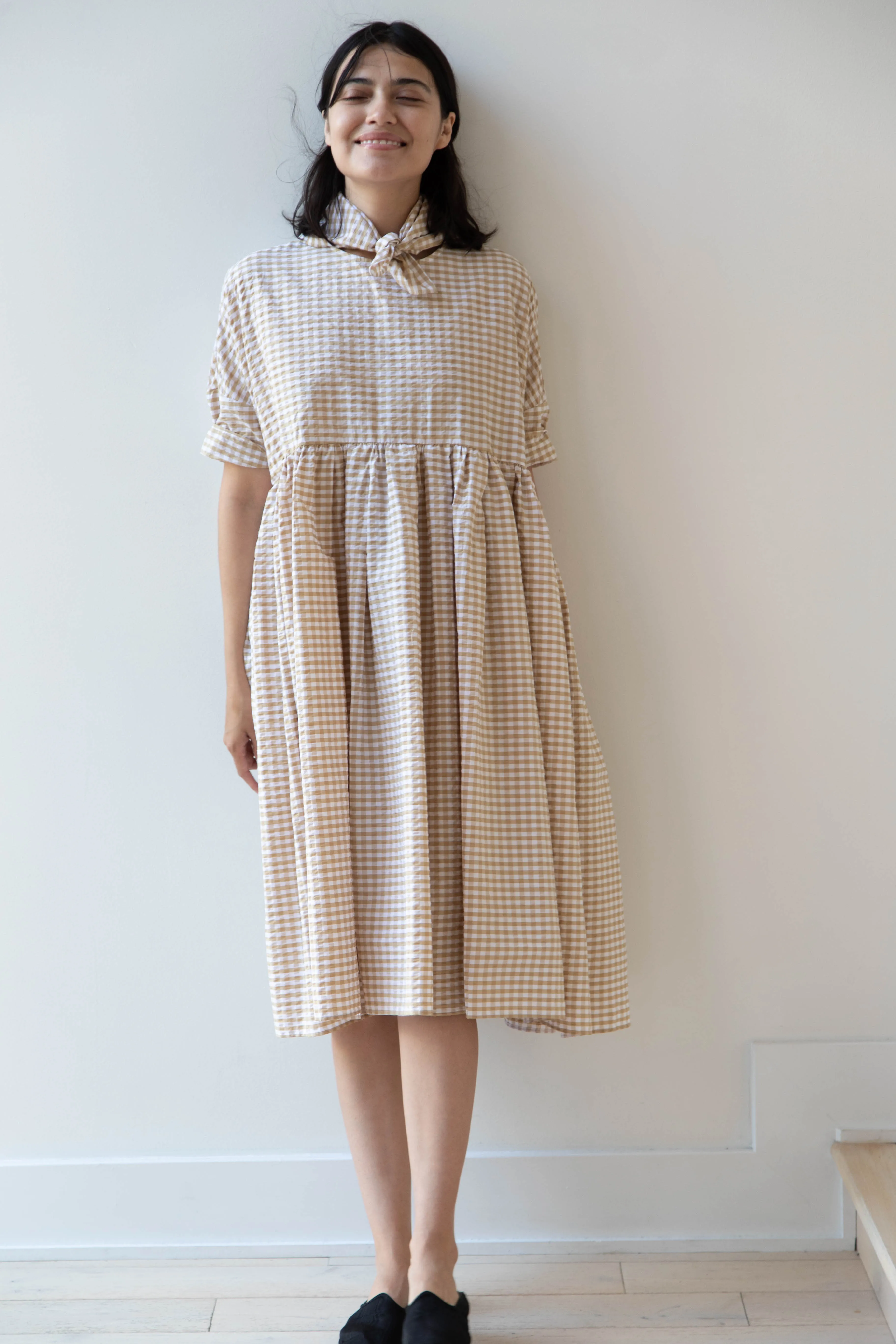 Gram | Ripple Gingham Gather Dress in Ochre
