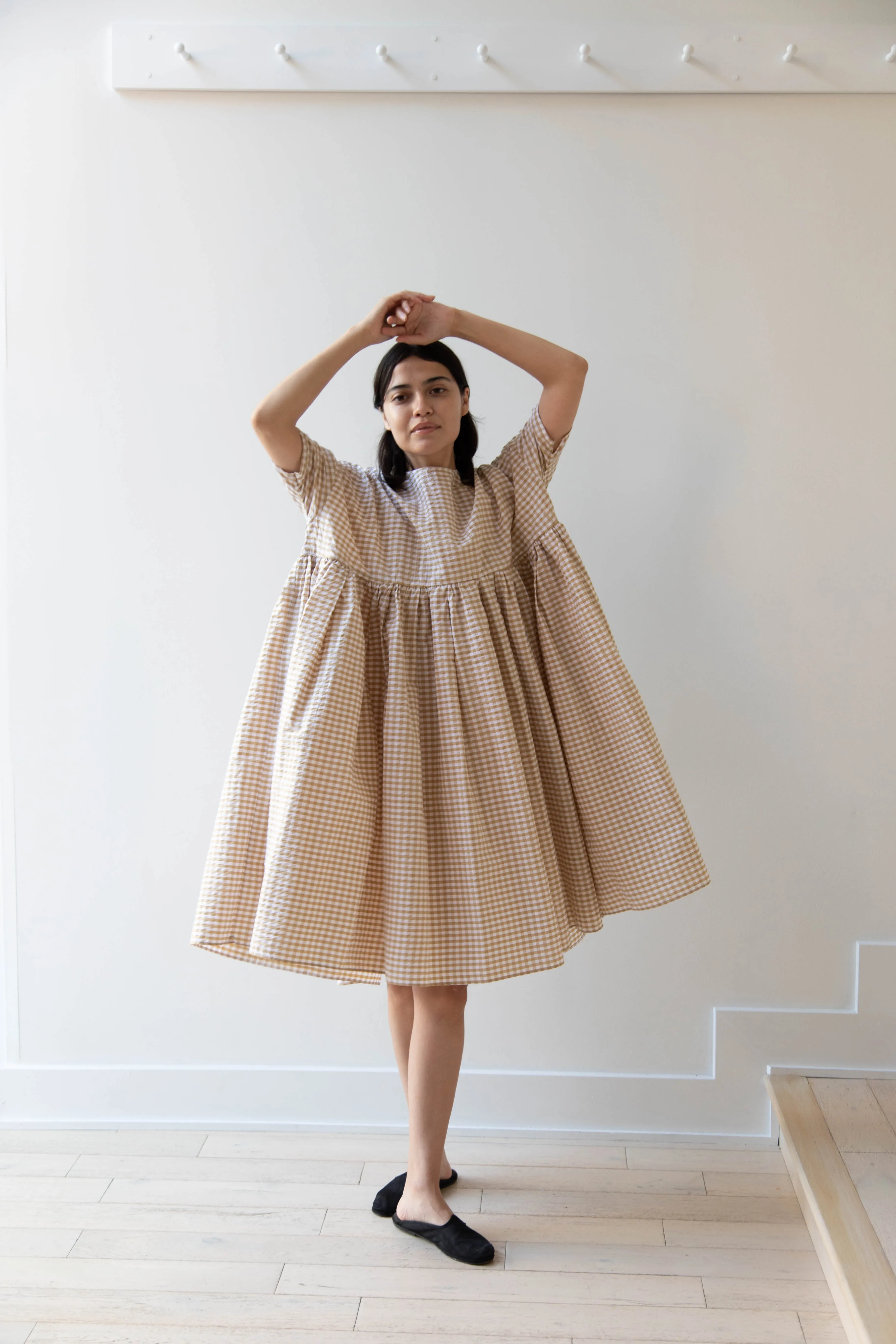 Gram | Ripple Gingham Gather Dress in Ochre