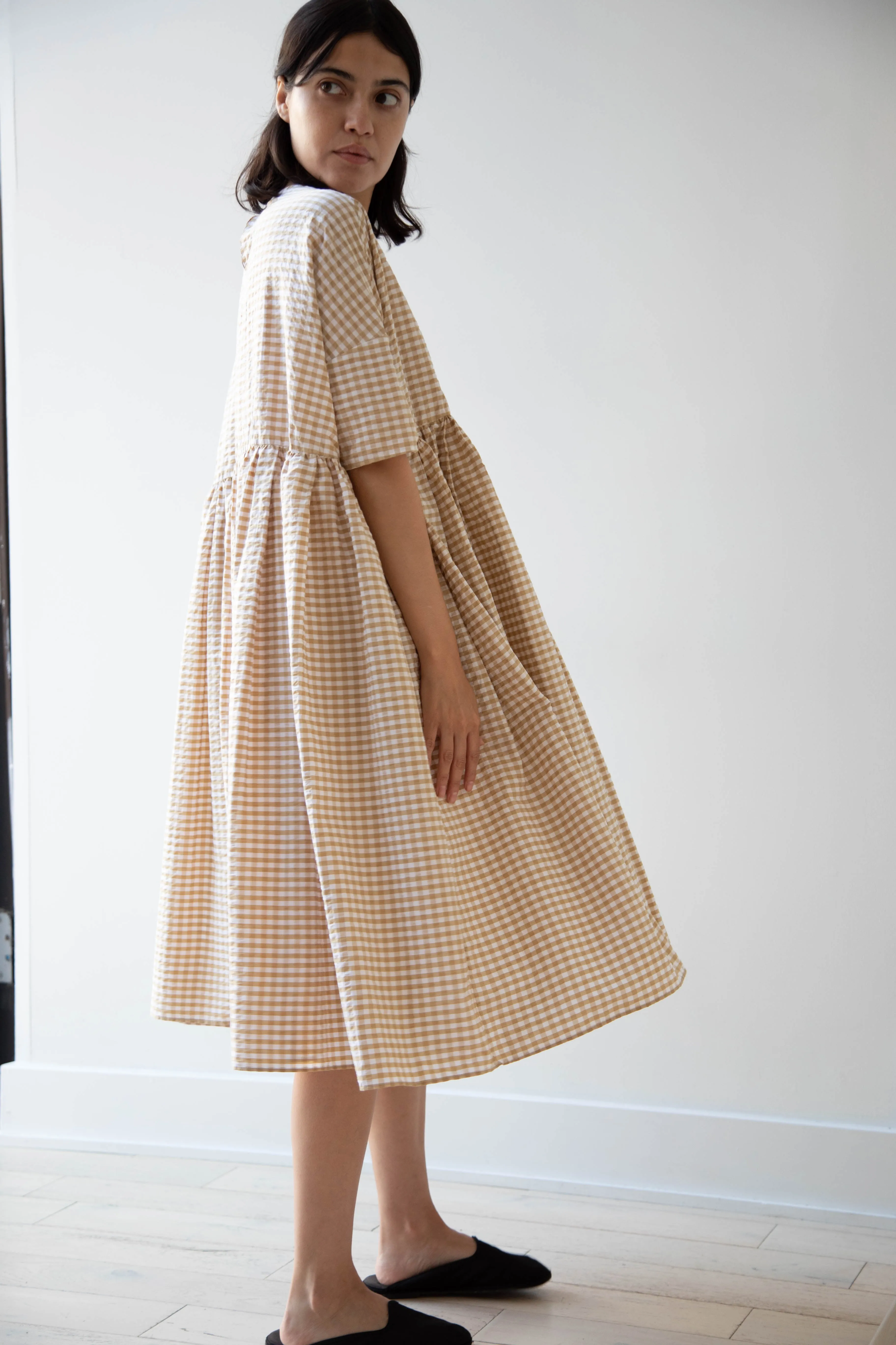 Gram | Ripple Gingham Gather Dress in Ochre