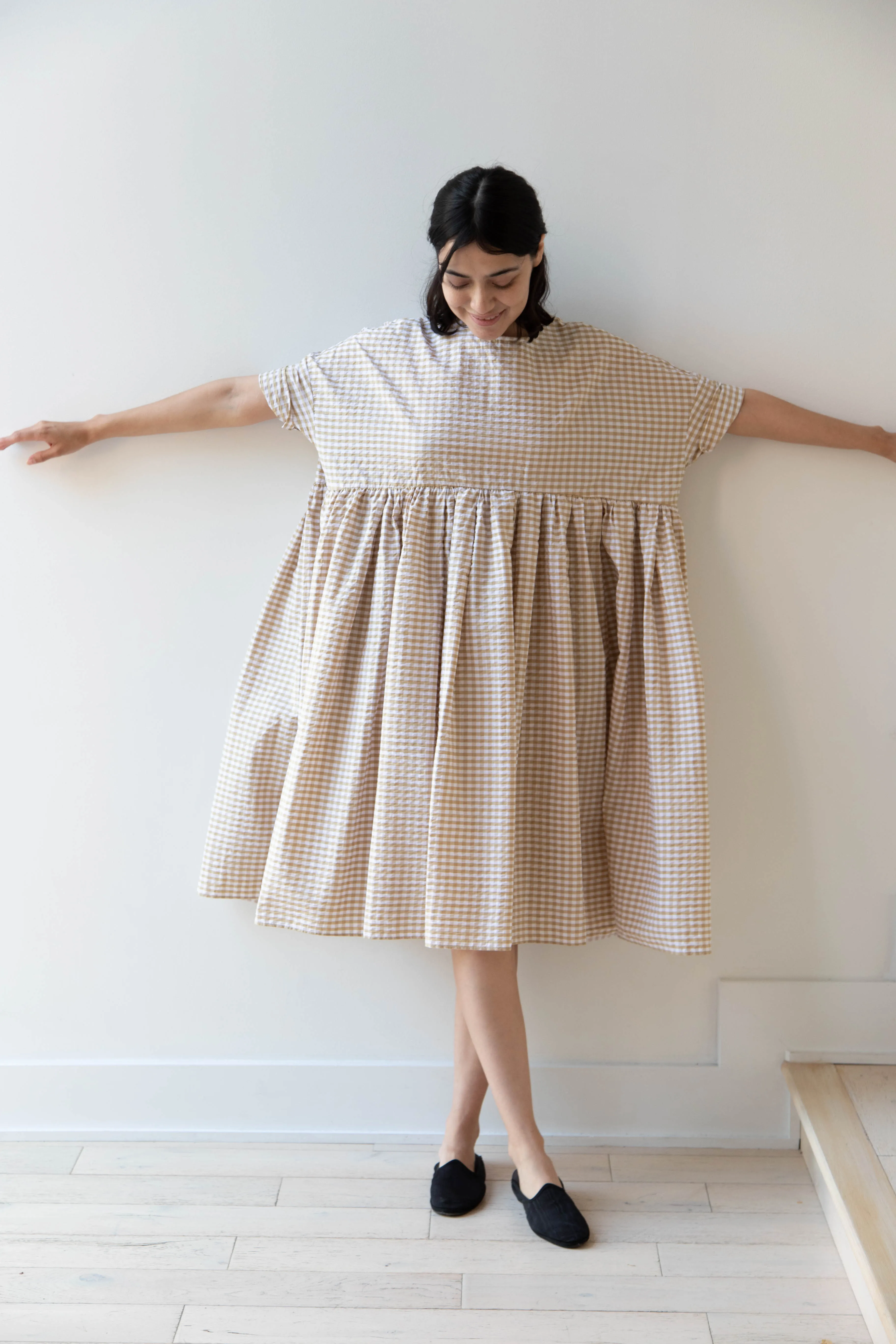 Gram | Ripple Gingham Gather Dress in Ochre
