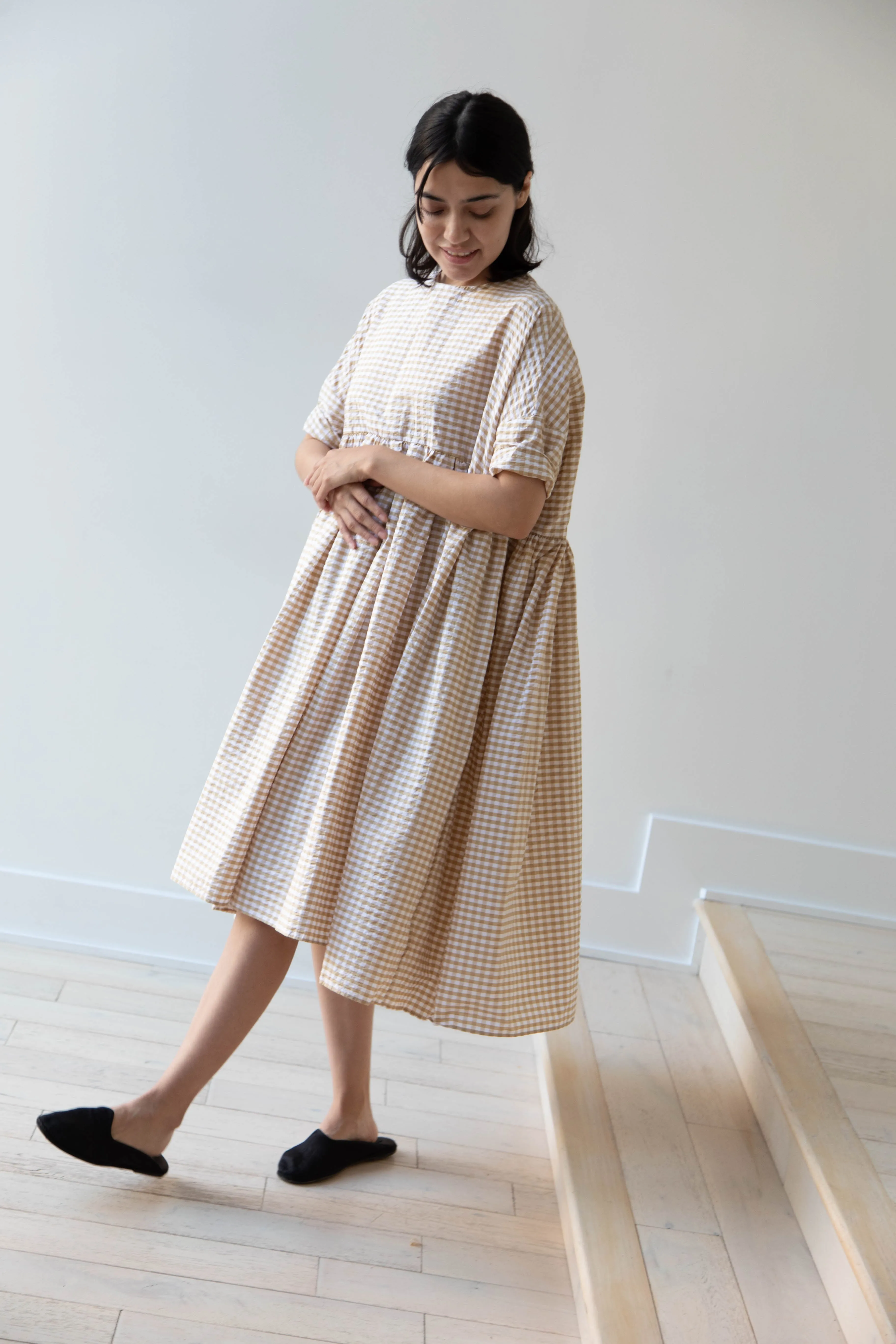Gram | Ripple Gingham Gather Dress in Ochre
