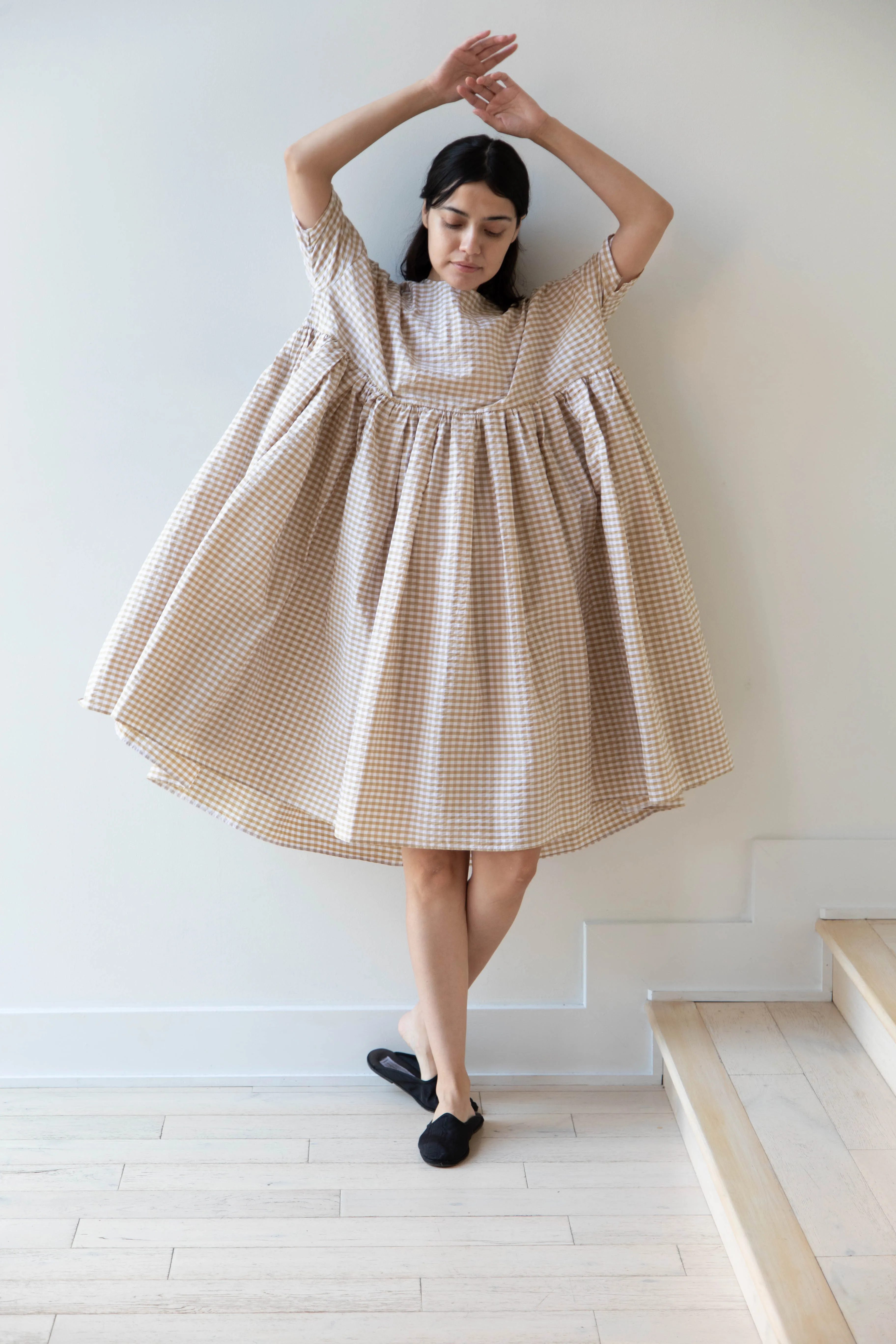 Gram | Ripple Gingham Gather Dress in Ochre