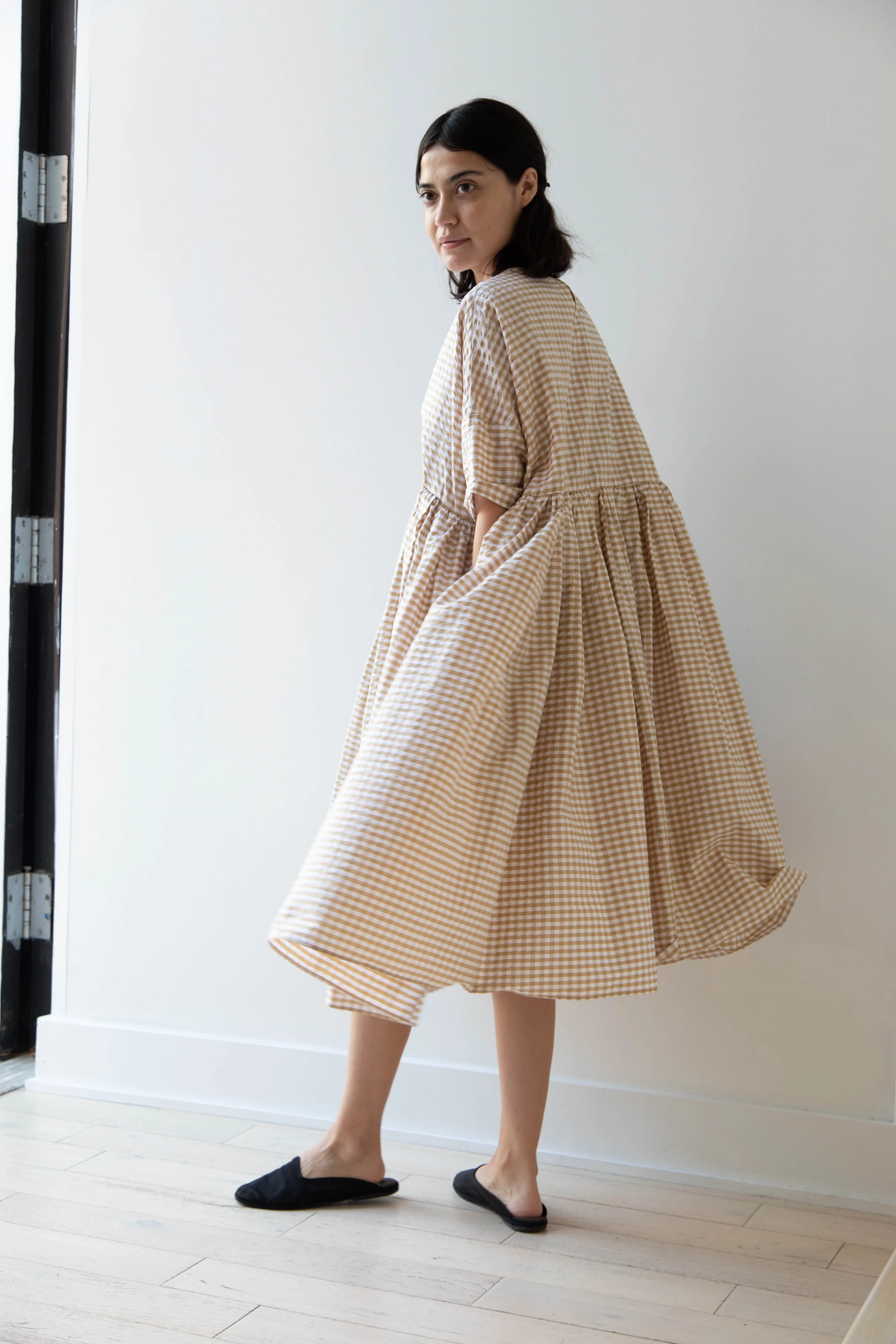 Gram | Ripple Gingham Gather Dress in Ochre