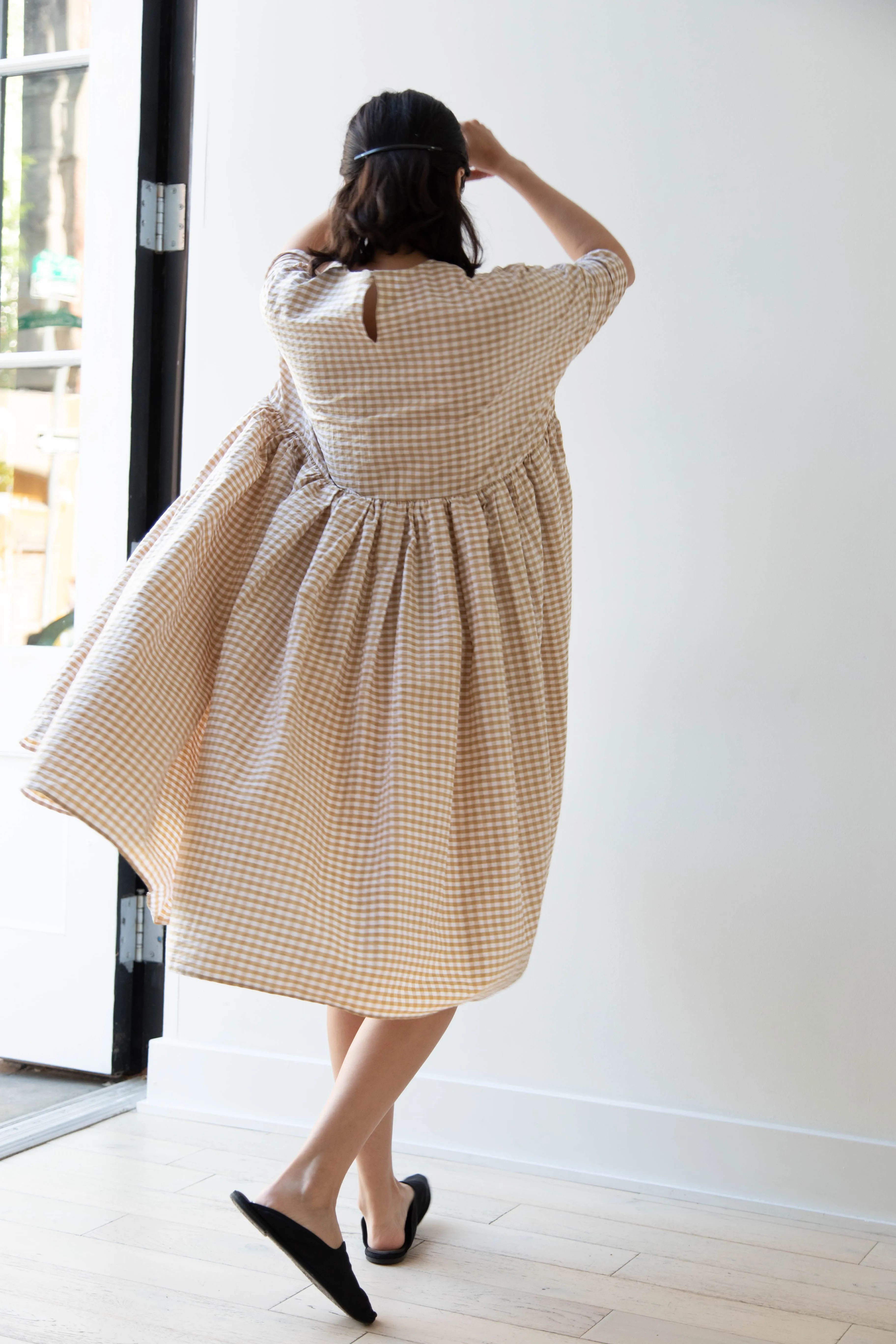 Gram | Ripple Gingham Gather Dress in Ochre